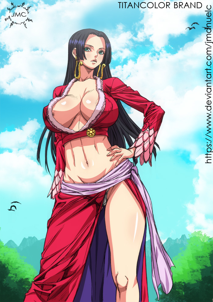 1girls, big breasts, black hair, black-haired female, boa hancock, breasts, earrings, female, female only, jmc, long hair, nipple bulge, no bra, one piece, panties, sarong