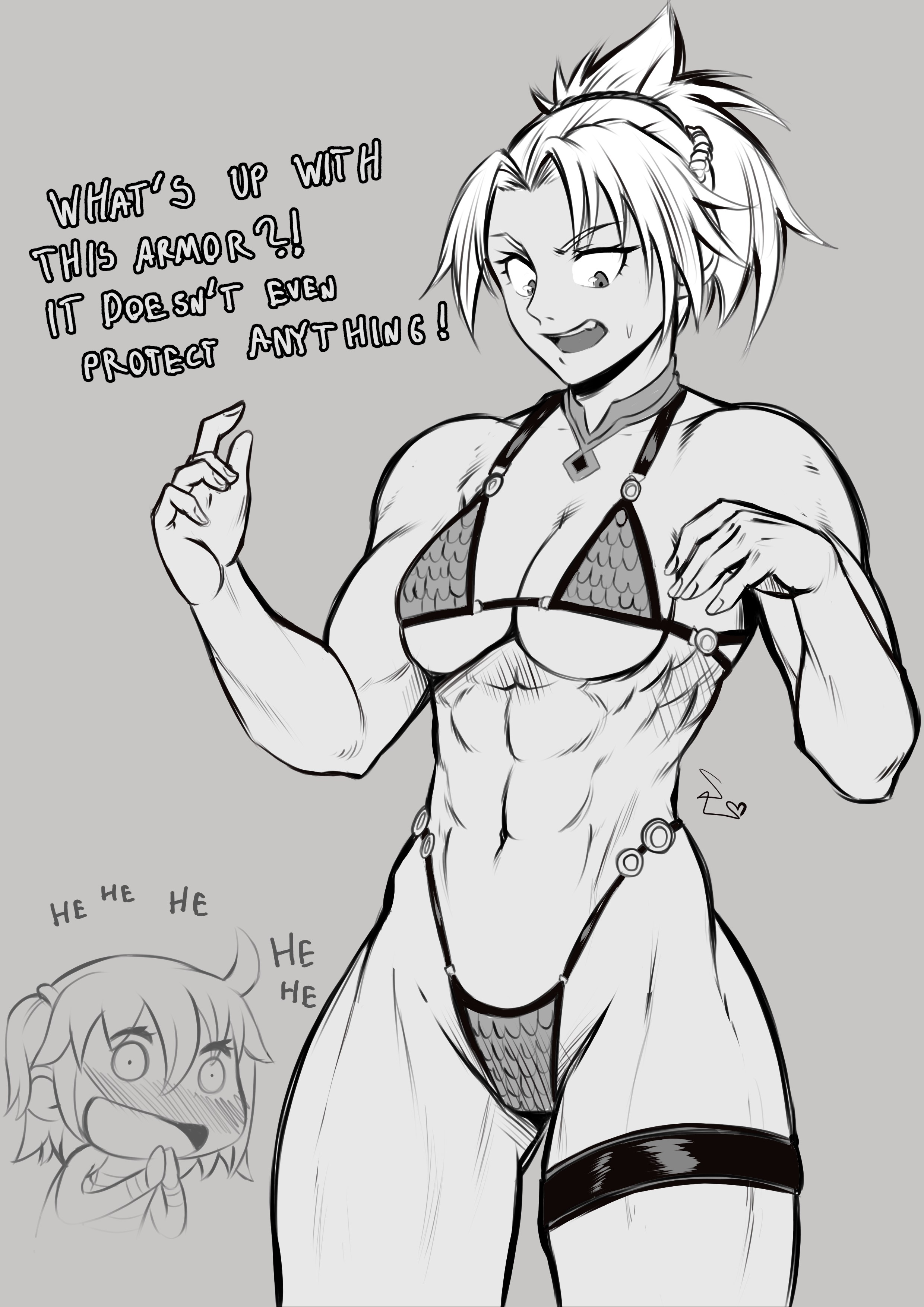 1girls, 2022, 2girls, abs, absurd res, armor, ass, athletic, athletic female, bikini, bikini armor, blush, breasts, chibi, child bearing hips, curvaceous, curvaceous ass, curvaceous body, curvaceous female, curvaceous figure, curvaceous hips, curvaceous thighs, curvy, curvy body, curvy female, curvy figure, curvy hips, curvy thighs, dialogue, english text, eyebrows visible through hair, fangs, fate (series), fate/grand order, female, female focus, female only, fit, fit female, fujimaru ritsuka (female), grey background, greyscale, hair between eyes, hair ornament, highleg, highleg bikini, highres, laugh, looking at another, looking down, medium breasts, monochrome, mordred (fate), mordred (swimsuit rider), multiple females, multiple girls, muscles, muscular, muscular female, navel, o-ring, o-ring bikini, open mouth, ponytail, revealing clothes, side ponytail, signature, simple background, smile, solo focus, speech bubble, speedl00ver, sweat, sweatdrop, swimsuit, teeth, text, thick, thick hips, thick legs, thick thighs, thigh strap, thighs, thong, thong bikini, tied hair, tongue, waifu, wide hips, yuri