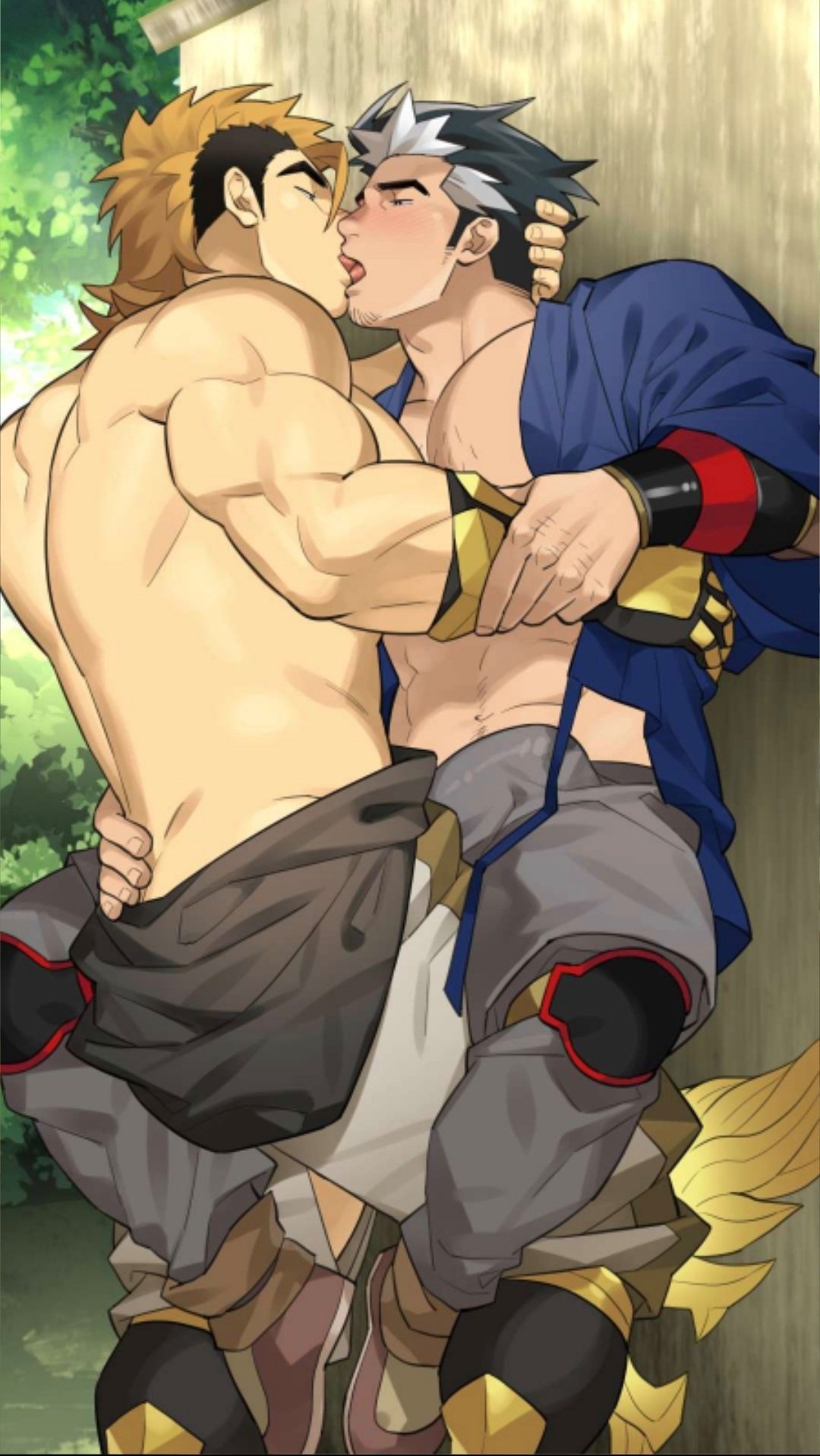 back_muscles bardo_(kienbiu) da_thach erection_under_clothes ero_condo kienbiu male_focus male_only men_kissing muscles muscular muscular_male open_shirt shirtless twitter_user_oc