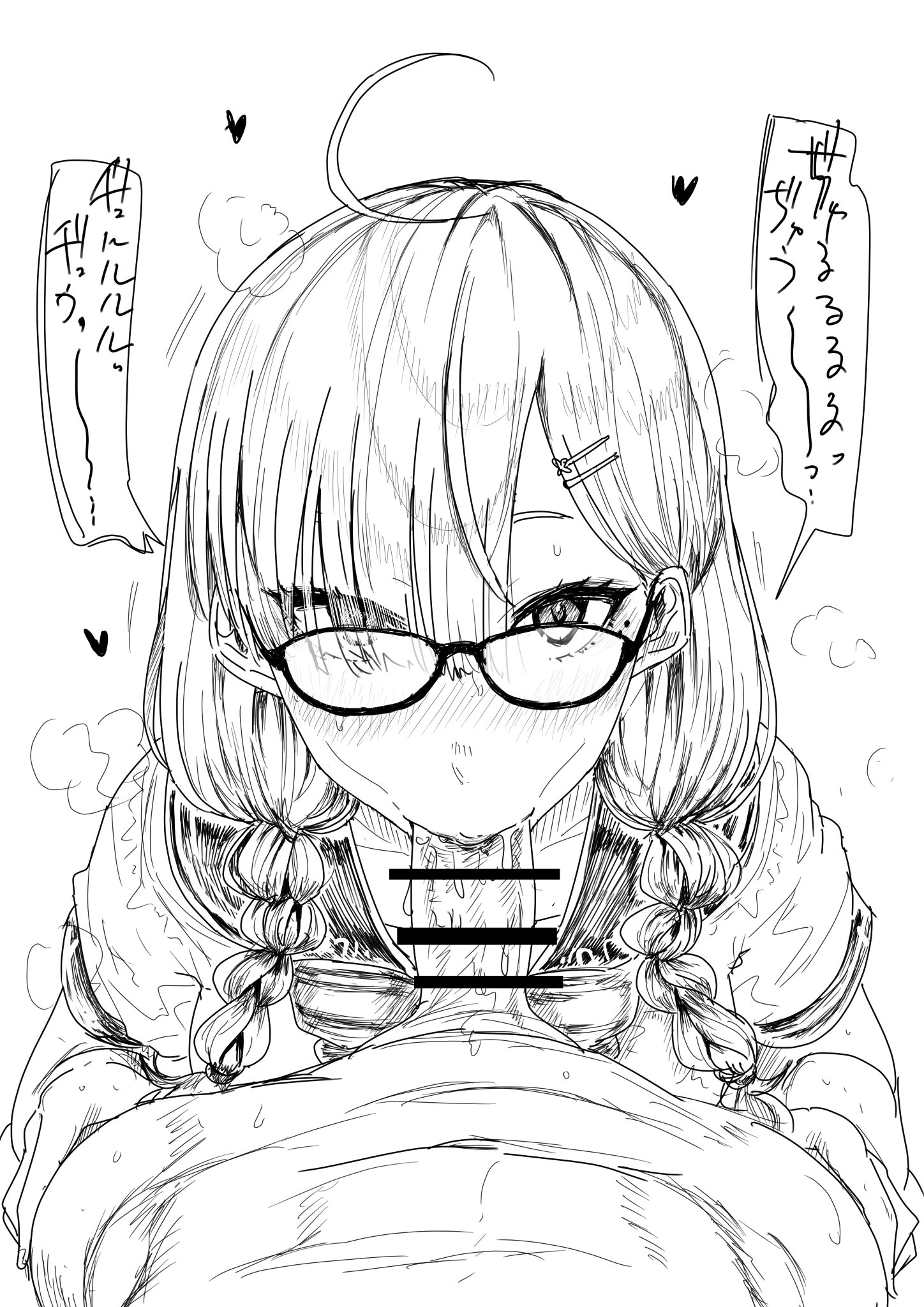:>=, 1boy, 1girls, ahoge, blowjob, braid, braided twintails, censored, cute, fellatio, female, glasses, hair over one eye, japanese text, kaiman garupan, long hair, male, monochrome, nijisanji, oral, penis, petite, pov, skinny, slim, sukoya kana, tagme, teenager, twintails, virtual youtuber