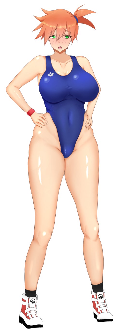 1girls, alternate breast size, asymmetrical hair, bangs, blue swimsuit, breasts, breasts bigger than head, covered navel, curvy, female, female only, full body, green eyes, gym leader, highres, huge breasts, human, human only, kasumi (pokemon), large breasts, leotard, light skin, light-skinned female, looking at viewer, medium breasts, navel, nintendo, one-piece swimsuit, orange hair, pokemon, pokemon (anime), pokemon (classic anime), pokemon (game), pokemon rgby, ponytail, ranhatu, shoes, short hair, short ponytail, side ponytail, sneakers, solo, spread legs, swimsuit, thighs, wide hips