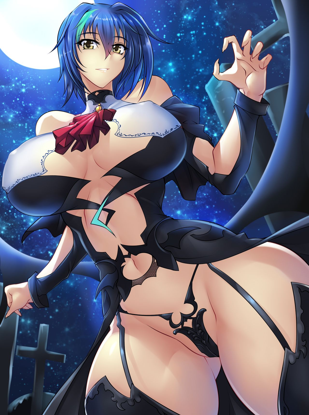1girls, blue hair, breasts, city, cityscape, demon, demon girl, female, fingerless gloves, fishnets, functionally nude, gloves, haganef, high school dxd, kunai, nipples, nude, nude female, smile, solo, xenovia quarta