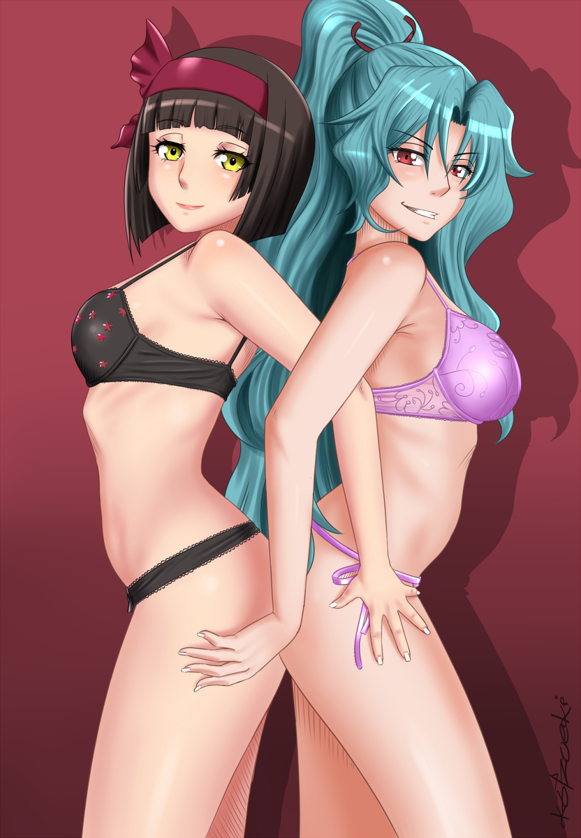 2girls, black hair, bra, breasts, female, green hair, holding arms, mio (tsuki ga michibiku isekai douchuu), red eyes, smiling at viewer, tomoe (tsuki ga michibiku isekai douchuu), tsuki ga michibiku isekai douchuu, white skin, yellow eyes