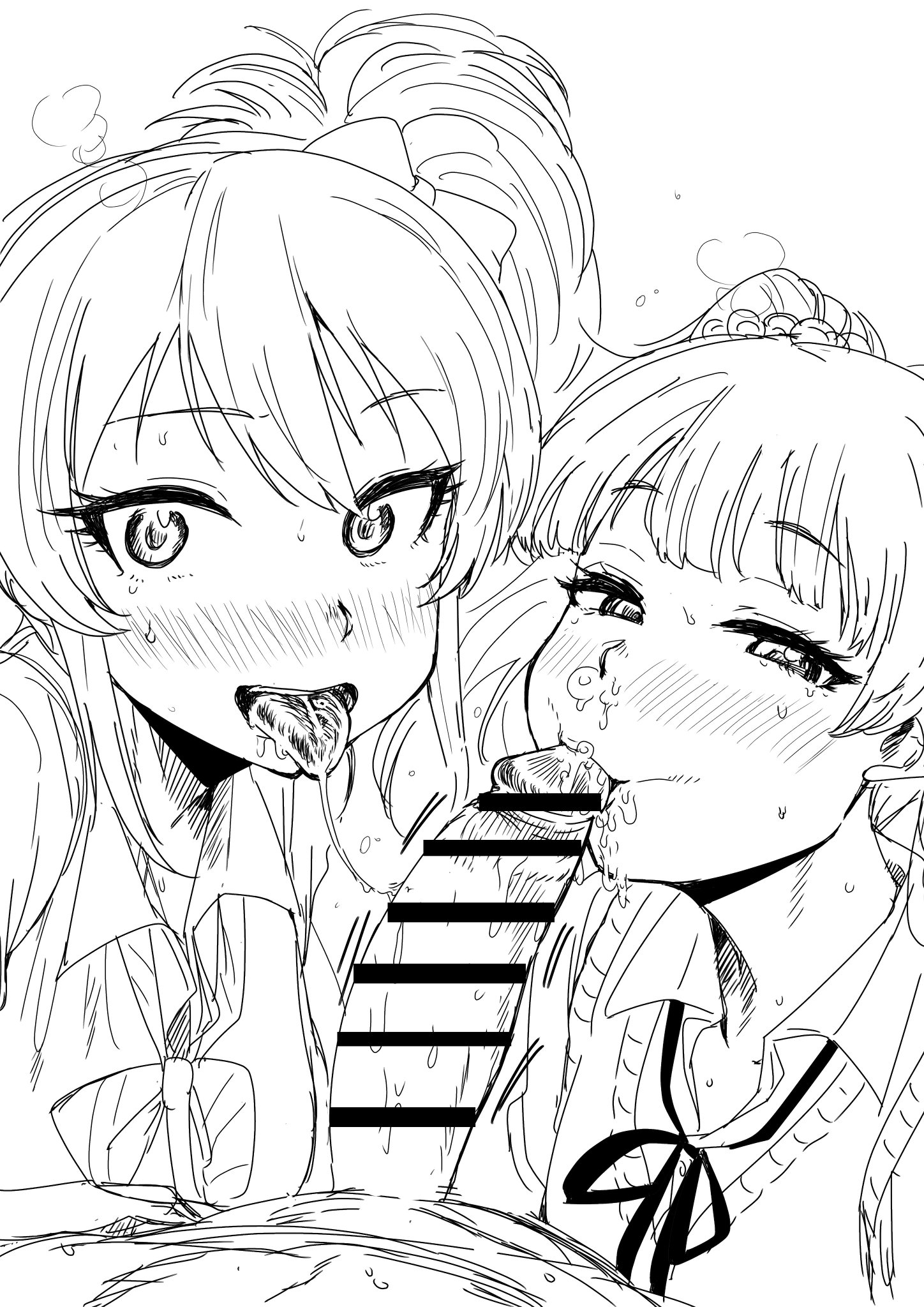 1boy, 2girls, collaborative fellatio, cum, cum in mouth, curved to the right penis, fellatio, female, idolmaster, jougasaki mika, jougasaki rika, kaiman garupan, male, monochrome, oral, penis, ponytail, pov, school uniform, schoolgirl, sisters, tagme, tongue, tongue out, twintails