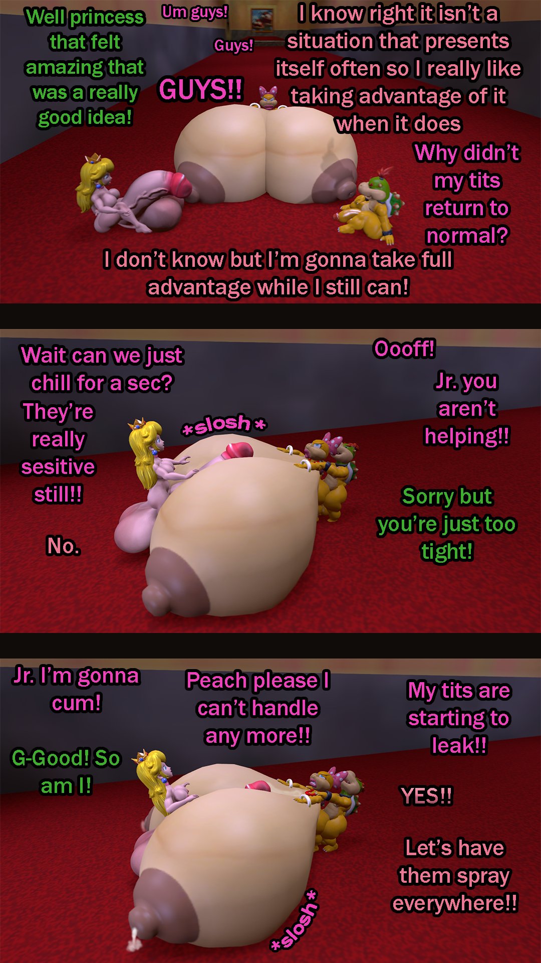 1boy 2futas 3d 3koma anthro back_to_original_form big_balls big_penis boobjob bowser_jr. comic cum dialogue double_team flaccid futa_sans_pussy futanari hands_on_own_breasts hyper hyper_areola hyper_balls hyper_breasts hyper_penis imminent_orgasm koopa koopaling lactation large_breasts leaking_milk leaking_nipples male male_on_futa mario_(series) nintendo nipples nutmansfm paizuri princess_peach sloshing_breasts super_mario_64 super_mario_bros. titjob wendy_o._koopa