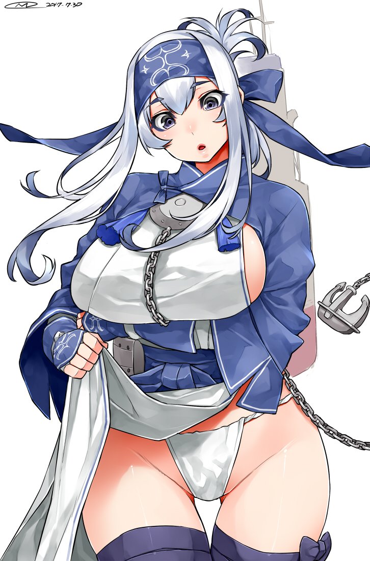 ainu_clothes blue_hair blue_headband breasts chains clothes_lift dated eyebrows_visible_through_hair female folded_ponytail fundoshi gradient_hair grey_eyes hair_between_eyes headband japanese_clothes kamoi_(kantai_collection) kantai_collection large_breasts lifted_by_self long_hair mitsuba_minoru multicolored_hair parted_lips pelvic_curtain pelvic_curtain_lift rigging sideboob sidelocks signature simple_background solo tassel thighhighs white_background white_hair wrist_guards