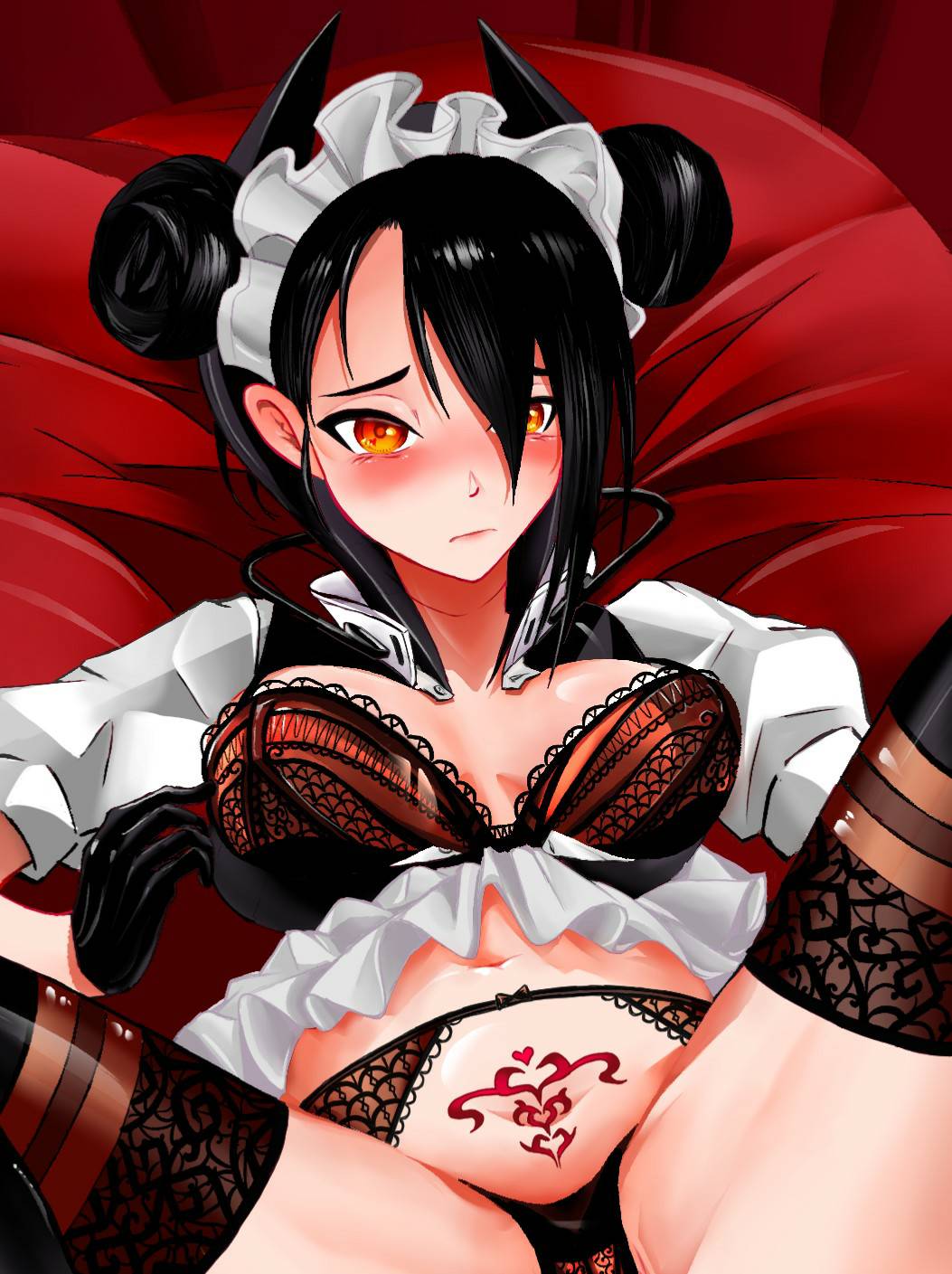 agent_(girls'_frontline) asymmetrical_hair black_and_red_bra black_gloves black_hair black_legwear black_panties blush bra breast_poke breasts cleavage closed_mouth clothes_lift collar commentary_request double_bun dress dress_lift female garter_belt girls'_frontline gloves hair_bun hair_ornament highres lace lace-trimmed_bra lace-trimmed_garter_belt lace-trimmed_legwear lace_bra lace_garter_belt lace_panties lace_trim lips looking_at_viewer lying maid maid_headdress navel on_back on_bed open_clothes open_shirt orange_eyes panties picot_trim picot_trim_bra picot_trim_lingerie pillow poking pubic_tattoo red_bra sangvis_ferri short_sleeves sidelocks solo spread_legs tattoo thighhighs tsurime underwear wire yangkou