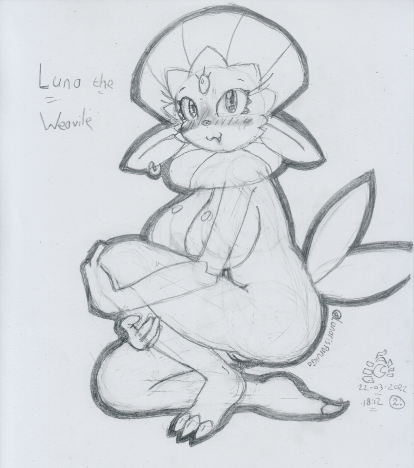 2022 :3 anthro big_breasts blush bodily_fluids breasts cute_fangs ear_piercing ear_ring female forehead_gem genital_fluids genitals graphite_(artwork) holding_leg kneeling looking_at_viewer luna_(lunaris_parukia) lunaris_parukia navel nintendo nude piercing pokémon_(species) pokémorph pokemon pussy pussy_juice solo traditional_media_(artwork) video_games weavile