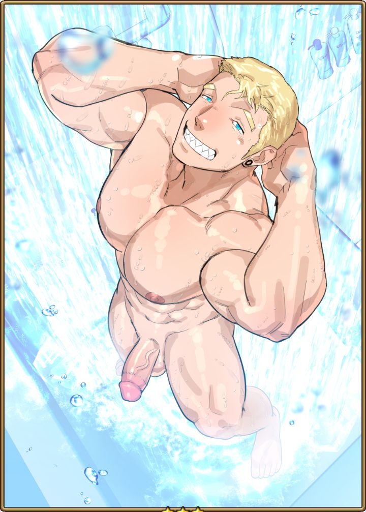 1boy abs balls ballsack blonde_hair blue_eyes circumcised circumcision_scar ero_condo human kienbiu male male_nipples male_only muscles muscular_male pecs penis scrotum semi-erect sharp_teeth shaved_crotch shower showering smooth_skinned_male solo suplex_(kienbiu) testicles twitter_user_oc uncensored veiny_penis wet