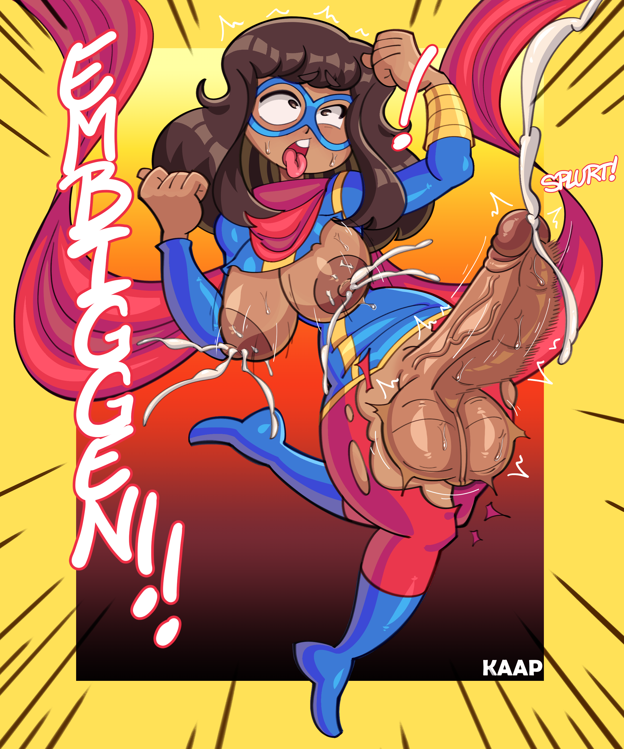 1futa, 2d, ability indecency, ahe gao, ahegao, areola, areolae, artist name, balls, bangs, bodysuit, breast expansion, breast growth, breast growth (enlargement), breasts, brown eyes, brown hair, brown-haired futa, clothed, clothing, cum, cumming, cumshot, dark skin, dark-skinned female, dark-skinned futa, domino mask, ejaculation, erection, female, female to futa, futa focus, futa only, futa transformation, futanari, hands-free, handsfree ejaculation, hi res, highres, hourglass figure, huge balls, huge breasts, huge cock, human, intersex, kaapcom (artist), kamala khan, lactation, long hair, long-haired futa, looking at viewer, marvel, marvel comics, mostly clothed, ms. marvel, muslim, nipples, orgasm, orgasm face, partially clothed, partially clothed futa, penis, pinup, rolling eyes, shocked, shocked expression, solo, solo focus, solo futa, source request, superhero costume, superheroine, superpowers, sweat, sweatdrop, thick thighs, tongue, tongue out, torn clothing, transformation, veiny penis