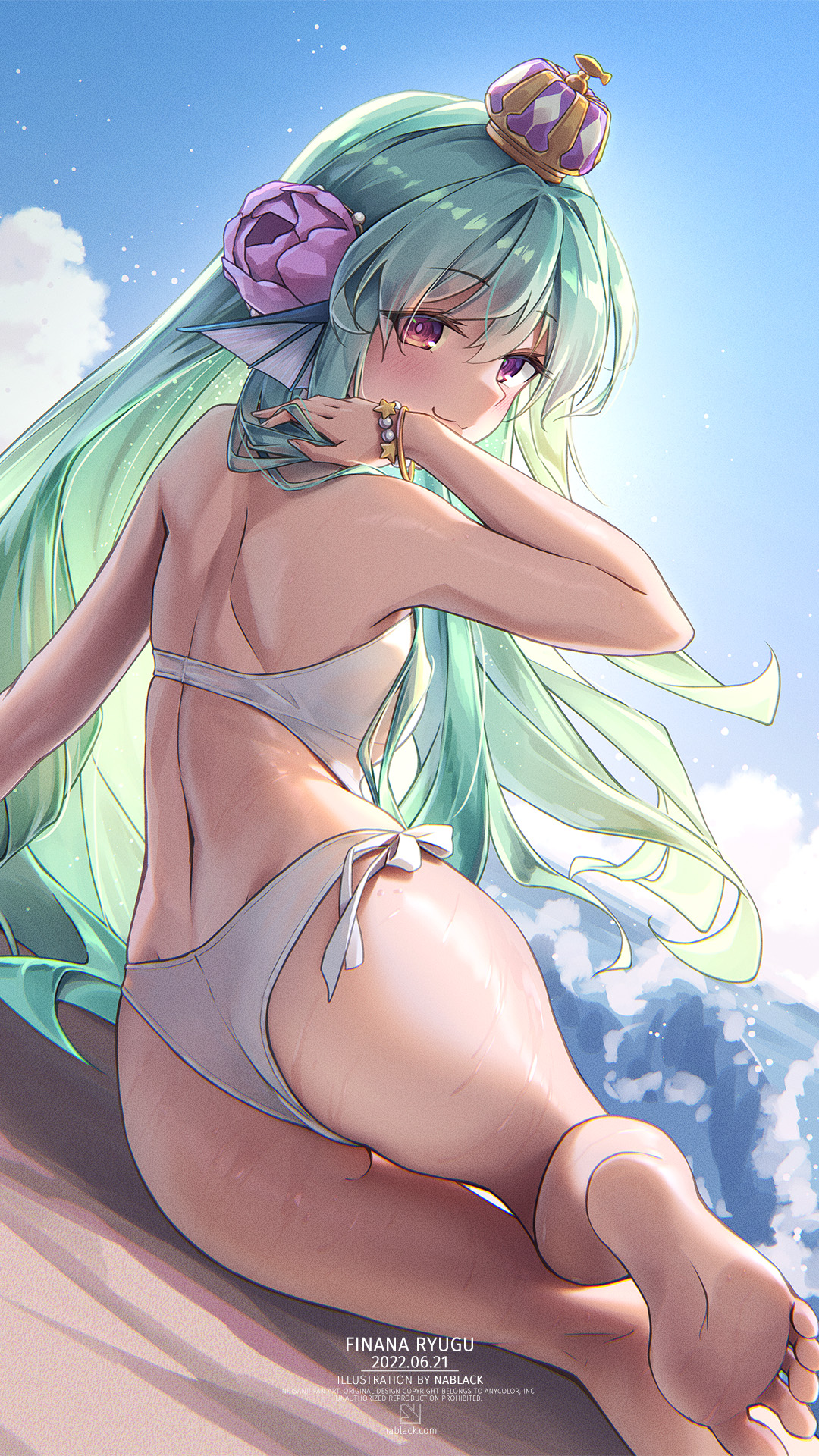 :3, ass, back view, barefoot, bikini, crown, female, finana ryugu, fish girl, green hair, nijisanji, nijisanji en, purple eyes, swimsuit, thighs, virtual youtuber, wet, wet panties