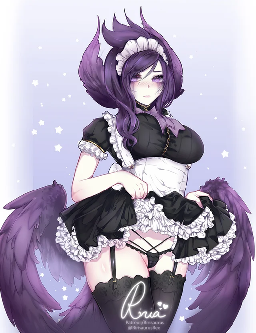 black_panties blush garter_straps glowing_eyes league_of_legends looking_at_viewer maid morgana panties purple_eyes purple_hair riot_games ririsaurus skirt skirt_lift standing stockings tagme thighhighs wings