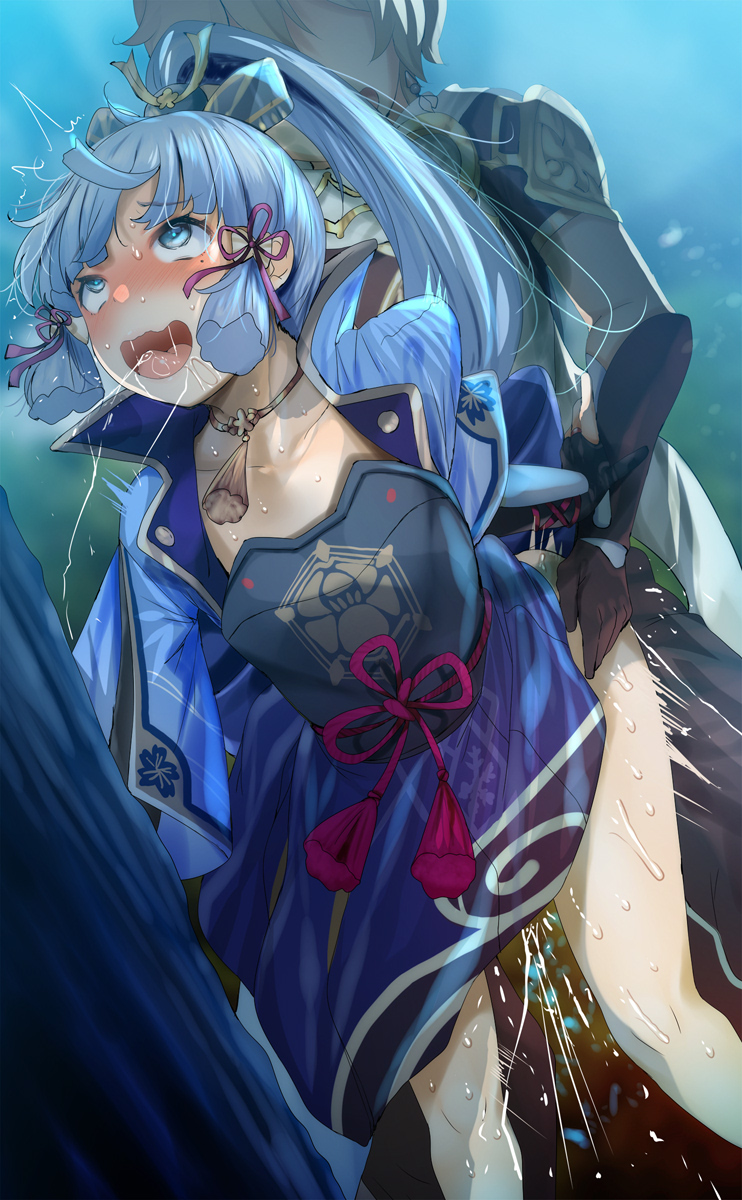 1boy, 1girls, aether (genshin impact), ahe gao, aqua eyes, aqua hair, blush, clothed, clothed sex, female, fucked silly, fumihiko (pixiv2658856), genshin impact, hair accessory, kamisato ayaka, legs, light skin, light-skinned female, male, mole, mole under eye, motion lines, open mouth, orgasm, pleasure face, ponytail, pussy, pussy juice, rolling eyes, saliva, sex, standing, standing sex, straight, sweat, taken from behind