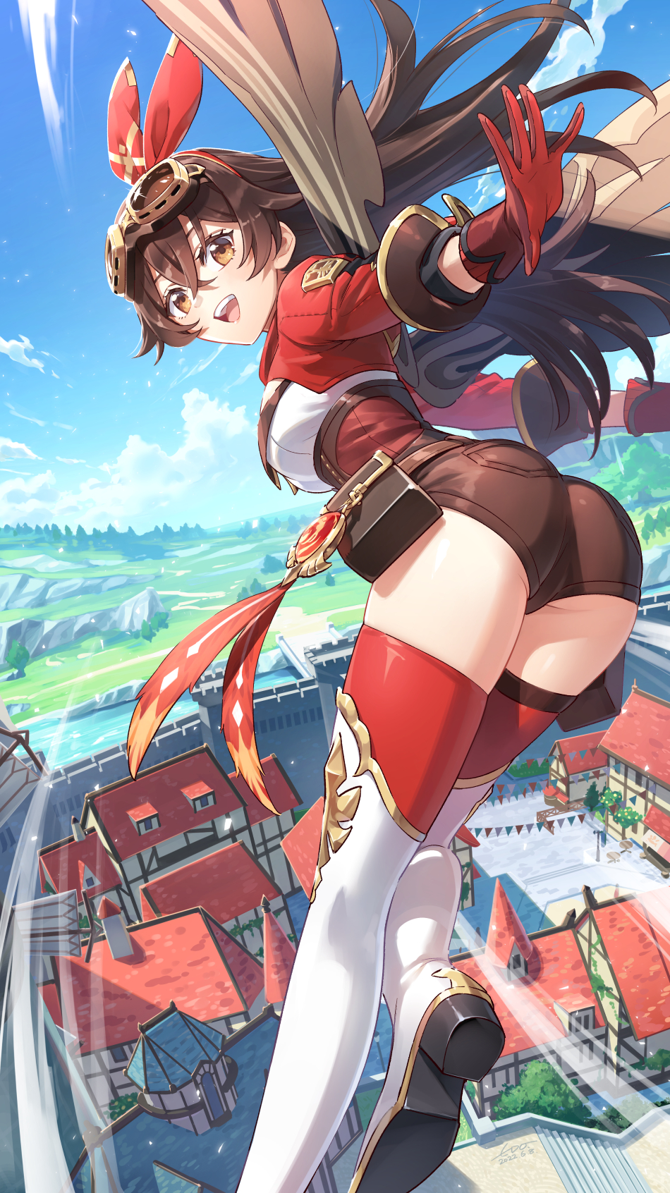 :d amber_(genshin_impact) artist_request ass boots breasts brown_eyes brown_hair brown_shorts female from_behind genshin_impact gloves goggles goggles_on_head gold_trim hair_ribbon highres long_hair looking_at_viewer looking_back medium_breasts open_mouth red_gloves red_legwear ribbon short_shorts shorts shrug_(clothing) smile solo thigh_boots thighhighs thighs town vision_(genshin_impact) wedo white_footwear wings