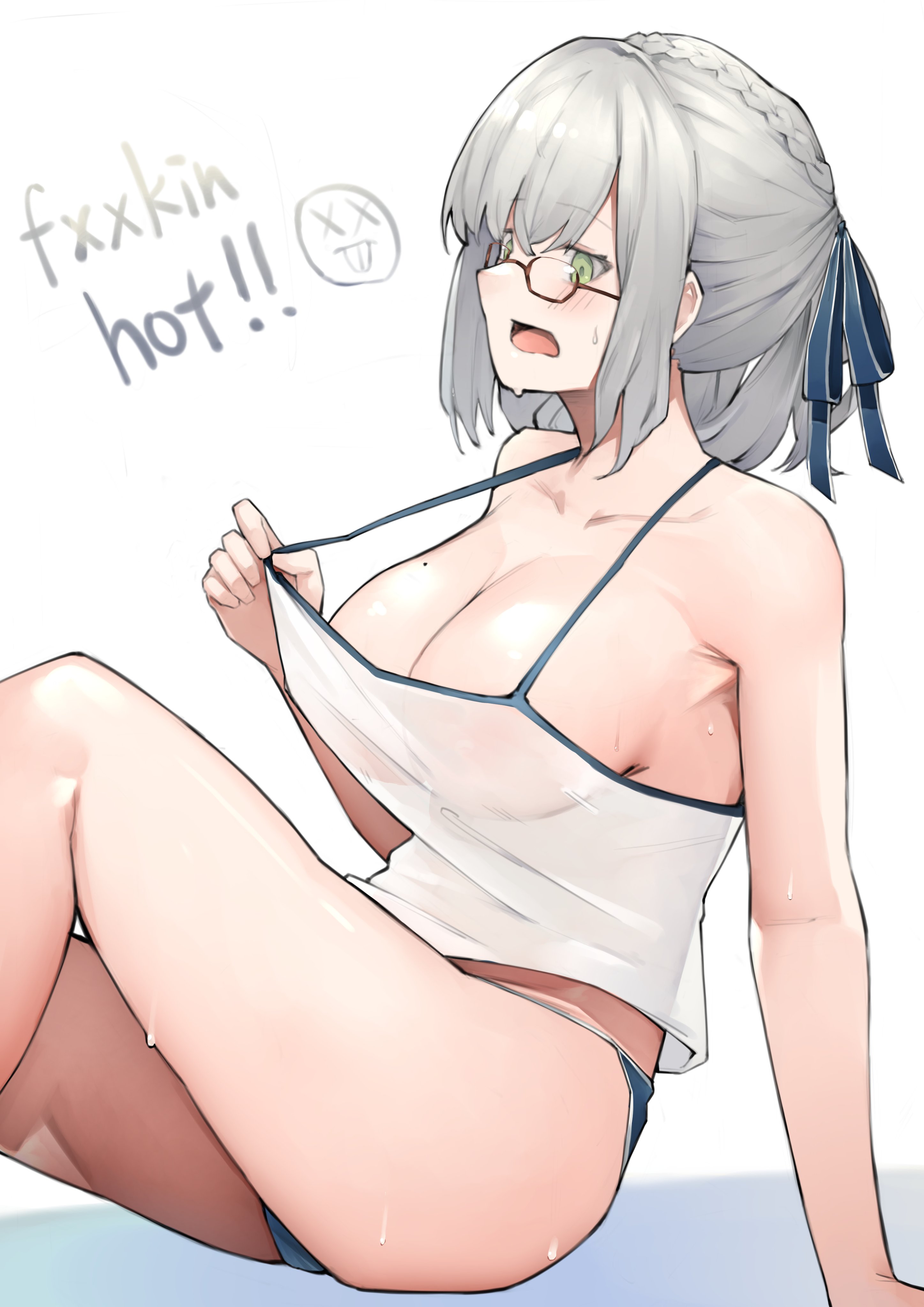 1girls, 2021, absurdres, blue shorts, braid, breasts, censored text, dolphin shorts, female, female focus, female only, glasses, green eyes, hair ribbon, highres, hololive, hololive fantasy, hololive japan, large breasts, profanity, ribbon, seino (sasakike1305), shirogane noel, short shorts, shorts, sitting, solo, solo female, spaghetti strap, summer, sweat, sweatdrop, tank top, thighs, virtual youtuber