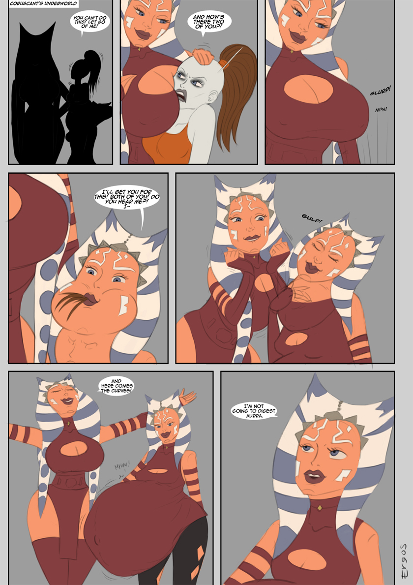 3girls ahsoka_tano aurra_sing belly big_belly big_breasts breasts breasts_in_face cleavage comic ergos face_in_breasts female female_only oral_vore orange_skin same_size_vore star_wars togruta vore