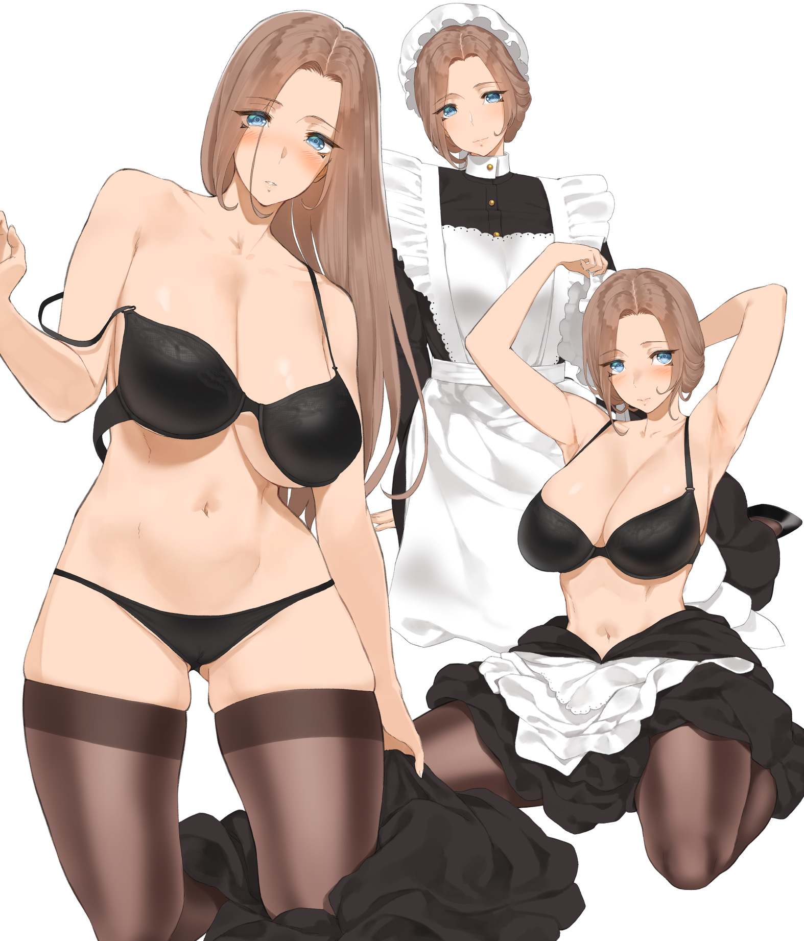 1girls, 2022, apron, arm support, armpits, arms up, ass visible through thighs, bare shoulders, black bra, black dress, black legwear, black underwear, blue eyes, blush, bra, breasts, brown hair, brown legwear, cameltoe, cleavage, collarbone, dress, dressing, eyebrows visible through hair, female, female focus, female only, hair over one eye, hat, head tilt, headwear removed, highres, kneeling, large breasts, light smile, long hair, looking at viewer, maid, maid apron, mob cap, multiple images, multiple scenes, multiple views, navel, original, panties, parted lips, puffy sleeves, pussy, simple background, sitting, solo, solo female, spread legs, stomach, strap slip, thighhighs, throtem, tying hair, underboob, underwear, white apron, white background, white headwear, yokozuwari