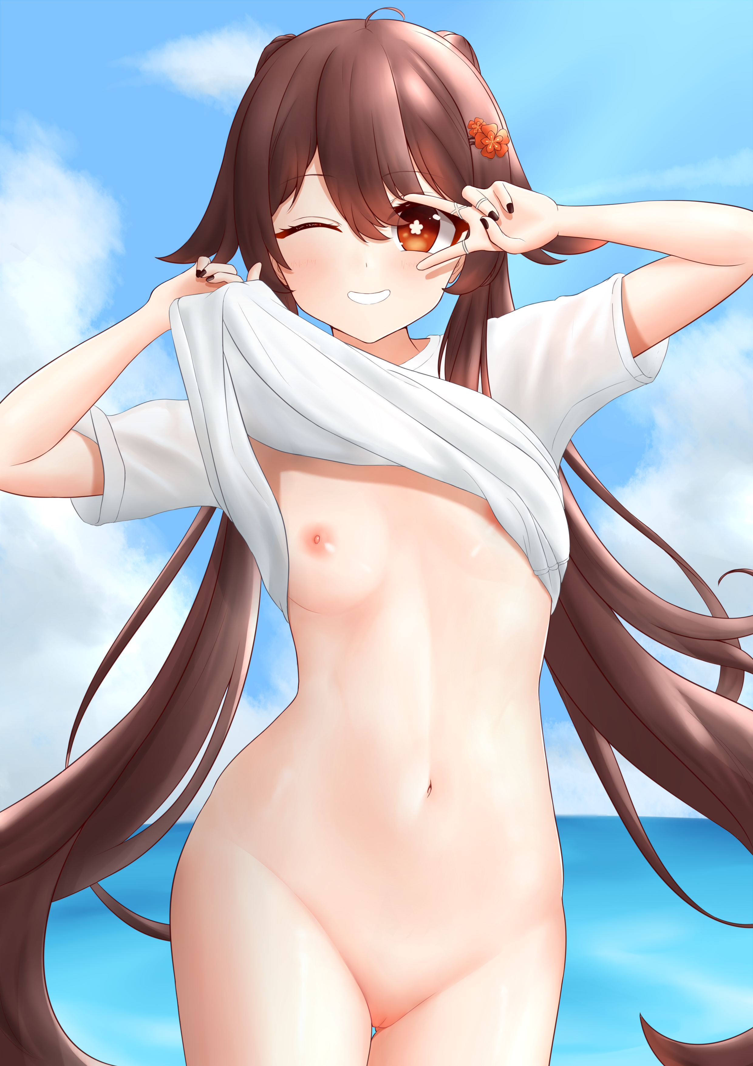 1girls, areola, areolae, ass visible through thighs, belly button, blush, blush lines, bottomless, breasts, brown hair, female, flat chest, genshin impact, hairclip, hourglass figure, hu tao (genshin impact), long hair, looking at viewer, naked, ocean, one eye closed, peace sign, pussy, shaved pussy, shirt lift, sky, small breasts, small nose, smile, tagme, uncensored, unusual anatomy, unusual eyes, unusual pupils, v, v over eye, v sign, white shirt