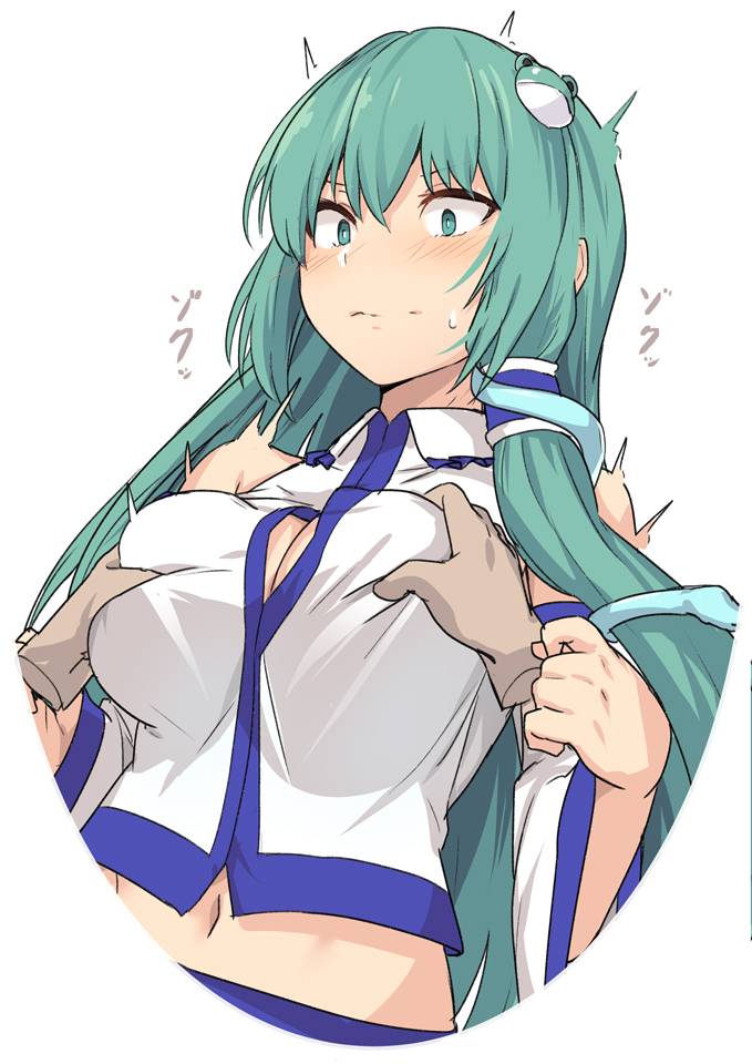 1boy, bangs, bare shoulders, blush, breast grab, breasts, cleavage, commentary request, detached sleeves, disembodied limb, duplicate, female, frog hair ornament, grabbing, green eyes, green hair, hair ornament, large breasts, long hair, long sleeves, male, navel, pixel-perfect duplicate, sanae kochiya, shirt, shiseki hirame, simple background, sleeveless, sleeveless shirt, smile, solo focus, straight, touhou, upper body, white background, white shirt