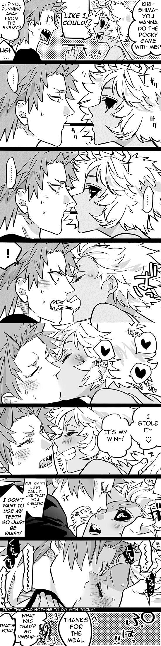 1boy 1girls black_and_white black_sclera challenge comic dare deep_kissing dialogue doujinshi eijirou_kirishima english_text female hanazawa_(merry__chu) heart inviting kissing making_out mina_ashido monochrome my_hero_academia passionate_kiss pocky pocky_kiss shared_food sharp_teeth straight text wholesome