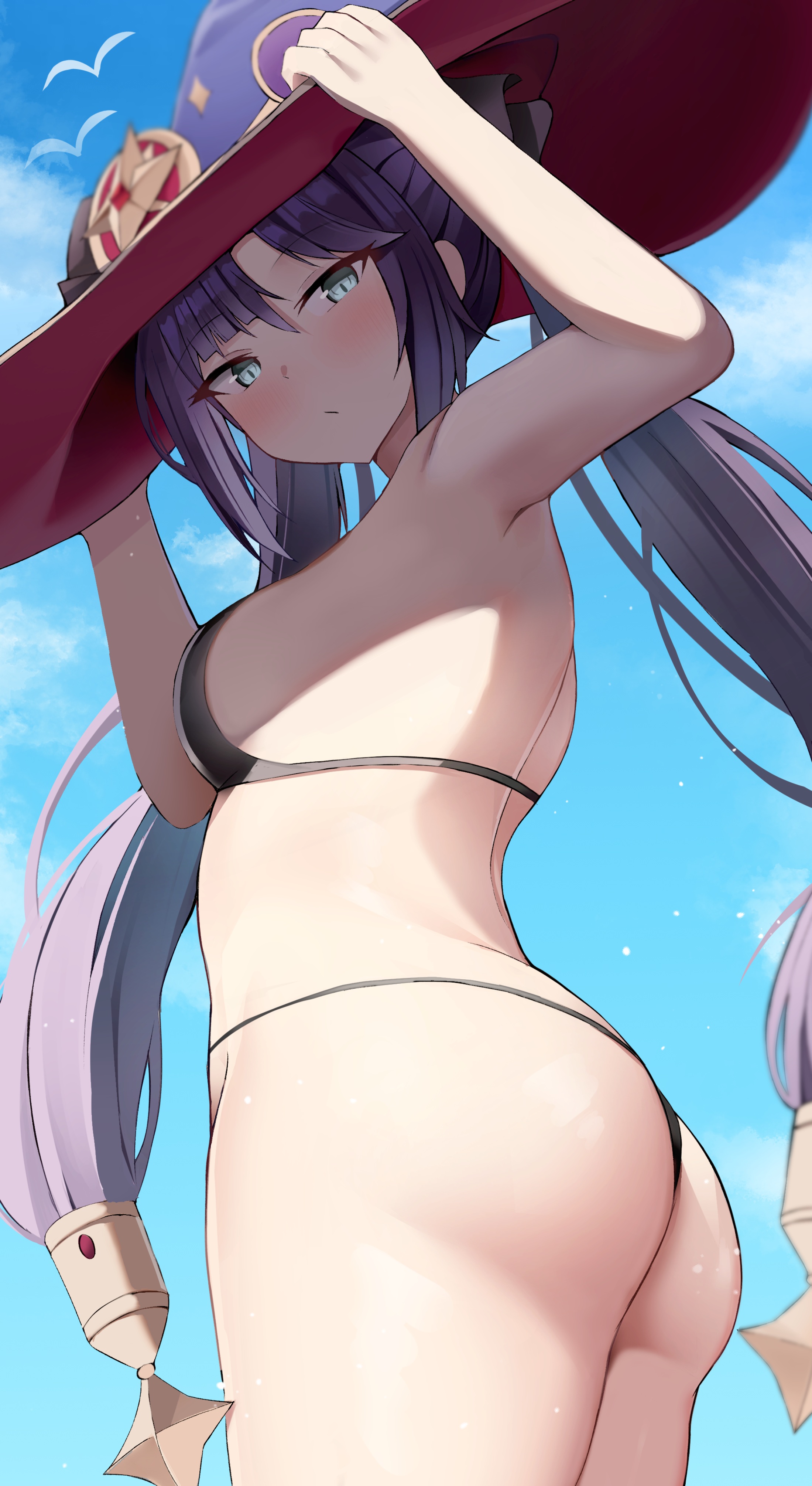 ass, bikini, black bikini, blue eyes, blush, breasts, female, female only, genshin impact, hi res, human, looking at viewer, mage, mona (genshin impact), purple hair, sky, string bikini, t373412, thighs, witch hat