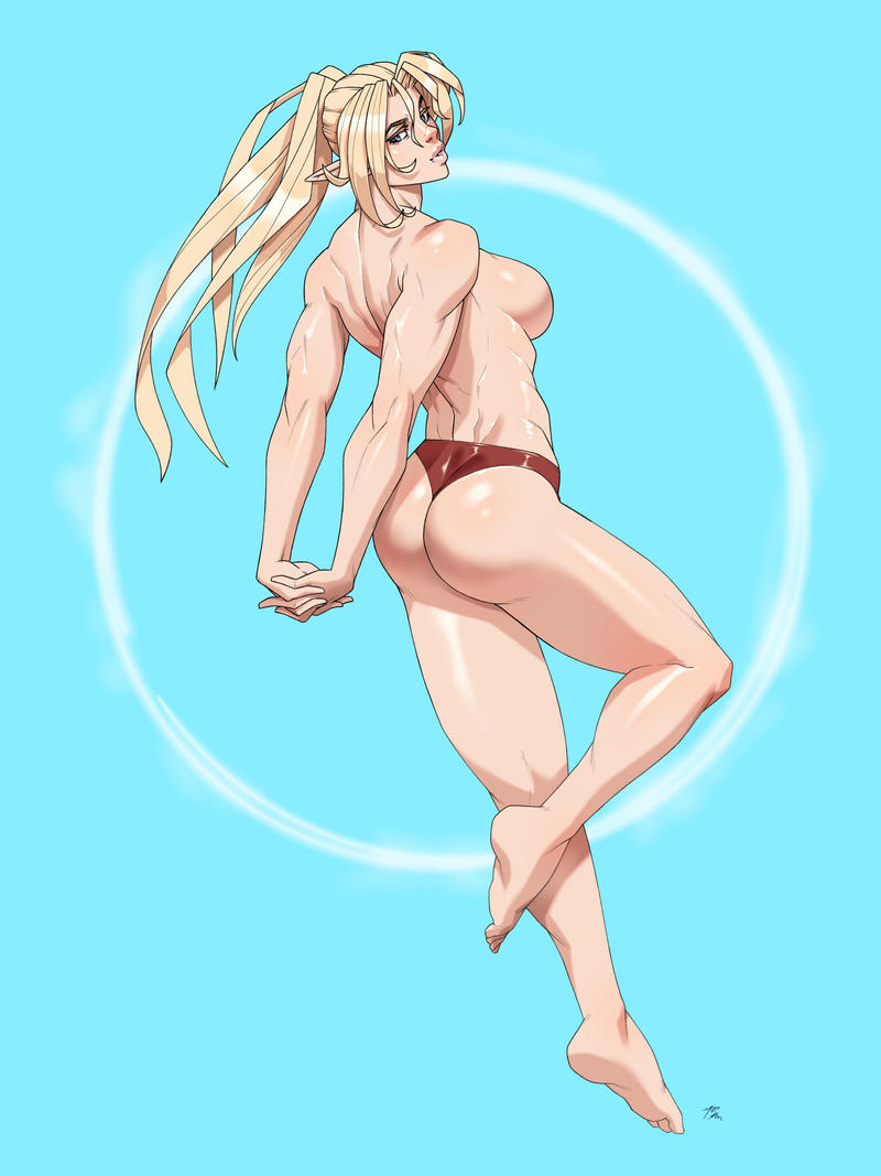 1girls arii_(r62) ass blonde_hair blue_eyes bubble_butt elf elf_ears fit_female large_breasts long_hair looking_back pointy_ears r62 rear_view sideboob topless