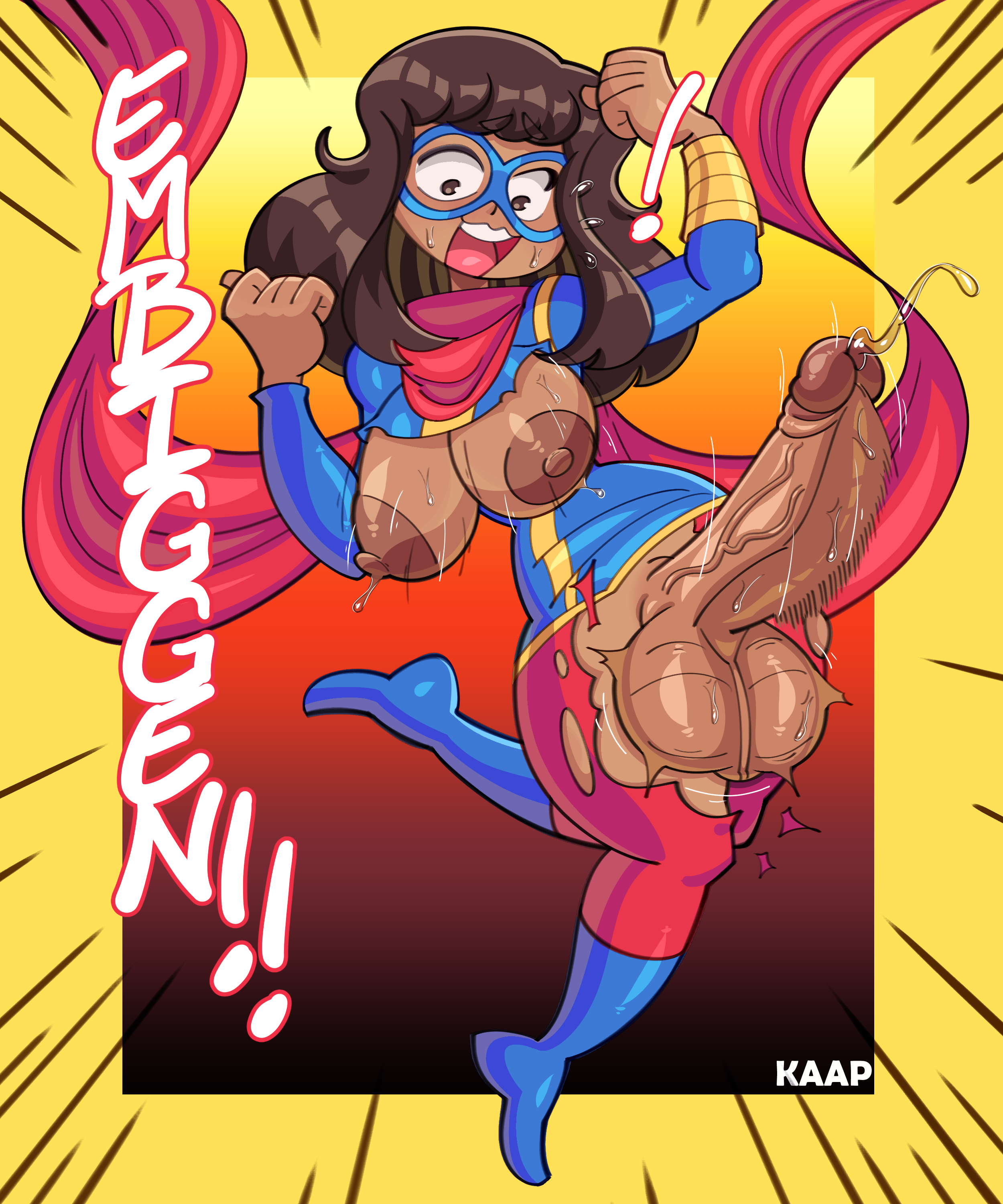 1futa, 2d, ability indecency, areola, areolae, artist name, balls, bangs, bodysuit, breast expansion, breast growth, breast growth (enlargement), breasts, brown eyes, brown hair, brown-eyed female, brown-haired female, clothed, clothing, dark skin, dark-skinned futa, dickgirl, domino mask, erection, female, female to futa, futa only, futa transformation, futanari, genital growth, hi res, highres, hourglass figure, huge balls, huge breasts, huge cock, human, intersex, kaapcom (artist), kamala khan, long hair, long-haired female, looking at viewer, marvel, marvel comics, mostly clothed, ms. marvel, muslim, nipples, partially clothed, partially clothed futa, penis, penis growth, pinup, precum, shocked, shocked expression, solo, solo focus, source request, superhero costume, superheroine, superpowers, surprised, sweat, sweatdrop, thick thighs, torn clothing, transformation, veiny penis