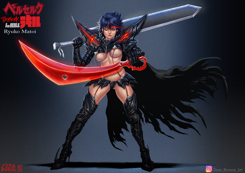 1girls armor beast_of_darkness berserk berserker_armor big_breasts breasts closed_eye cosplay crossover dean_brorson female female_only guts_(cosplay) kill_la_kill matoi_ryuuko rule_63 senketsu studio_trigger sword underboob