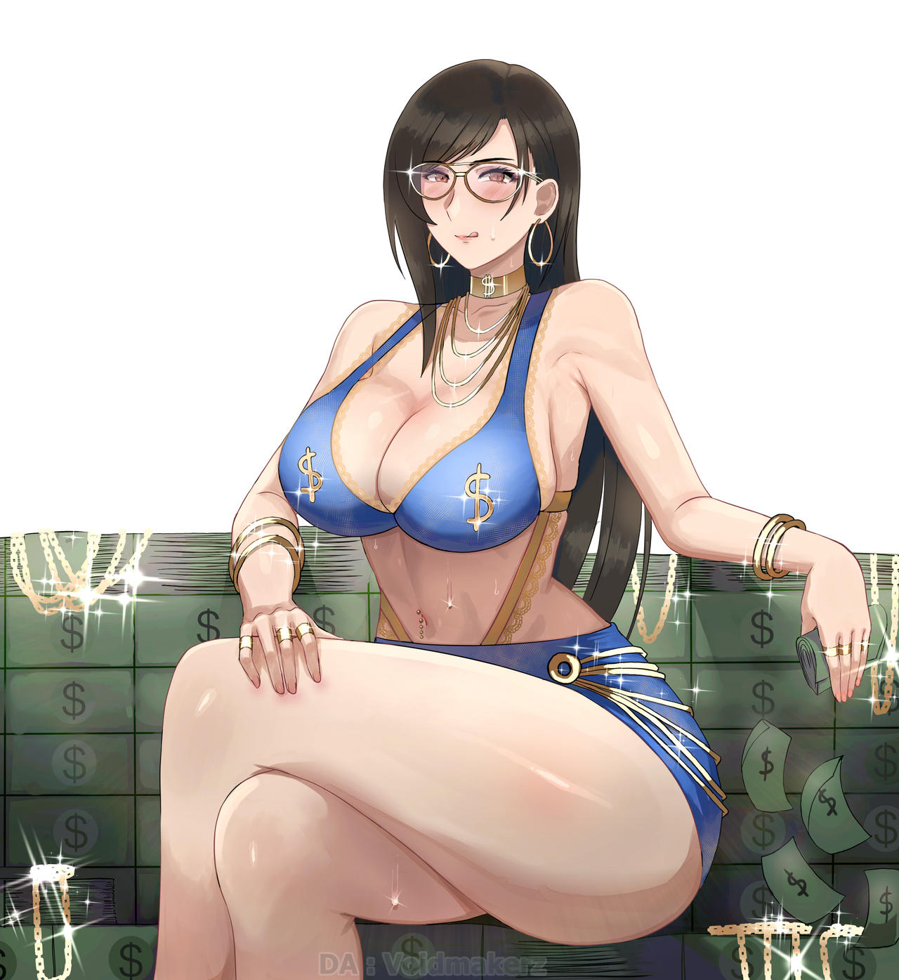 1girls, black hair, bra, breasts, brown eyes, female, female only, final fantasy, final fantasy vii, glasses, huge breasts, licking lips, long hair, miniskirt, money, skirt, smile, thick thighs, tifa lockhart, voidmakerz