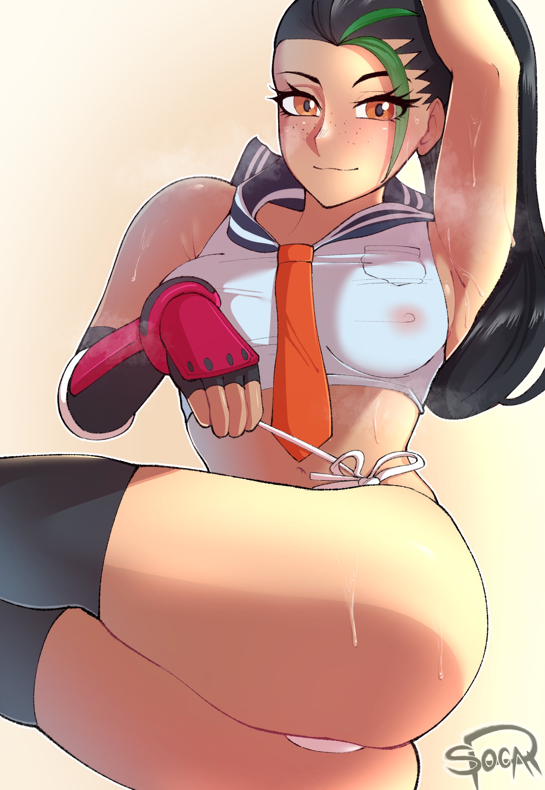 1girls, 2022, areolae, arm up, armpits, artist signature, ass, bikini bottom, black hair, breasts, brown eyes, brown skin, female, female only, hi res, hips, large ass, long hair, lord socar, medium breasts, nemona (pokemon), nintendo, nipples, nipples visible through clothing, pokemon, pokemon sv, slim waist, thick thighs, thighs, white bikini bottom, wide hips