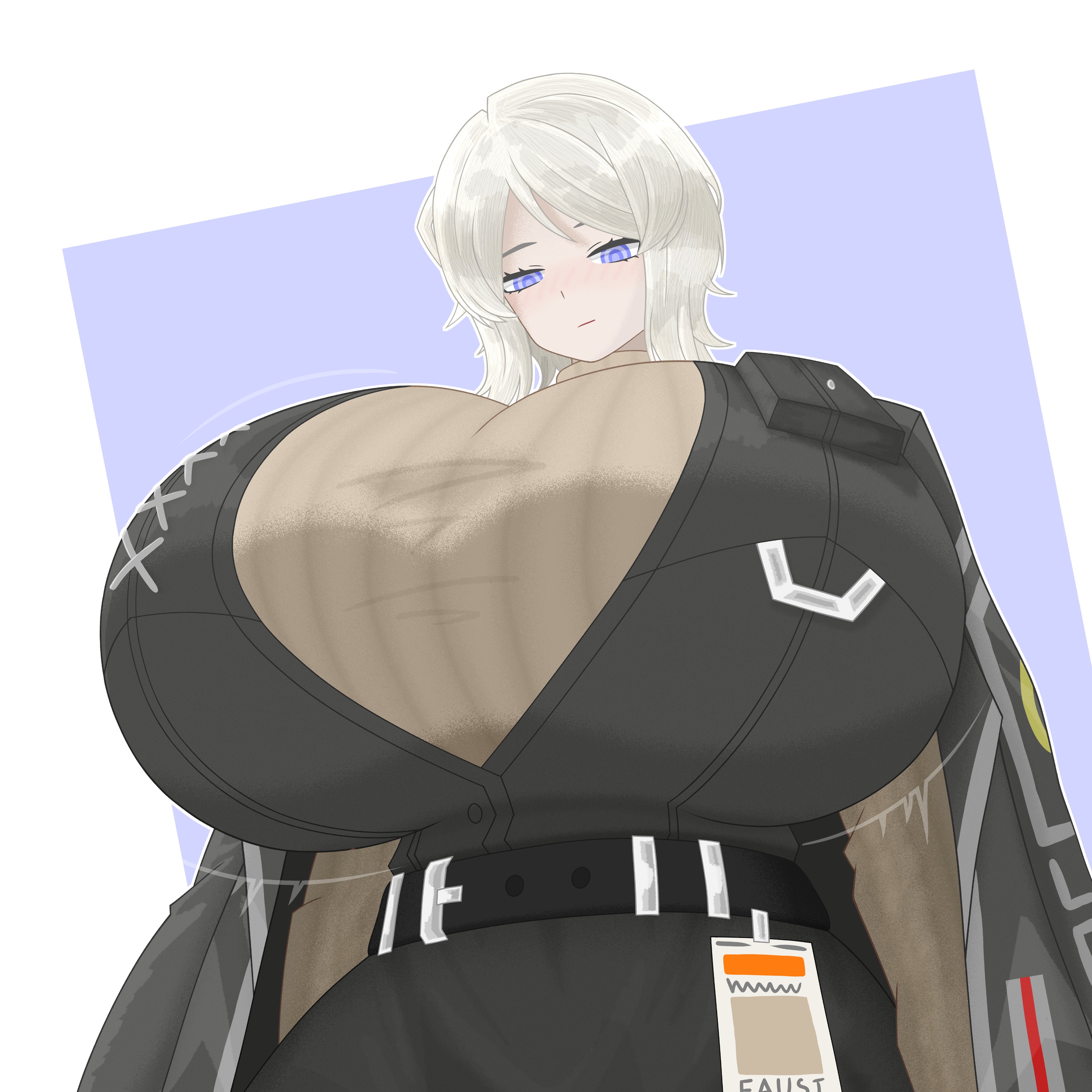 1girls, alternate breast size, blue eyes, breasts, breasts bigger than head, decodec, faust (limbus company), female, huge breasts, lcb uniform (project moon), limbus company, looking down, massive breasts, project moon, simple background, turtleneck, turtleneck sweater, white hair