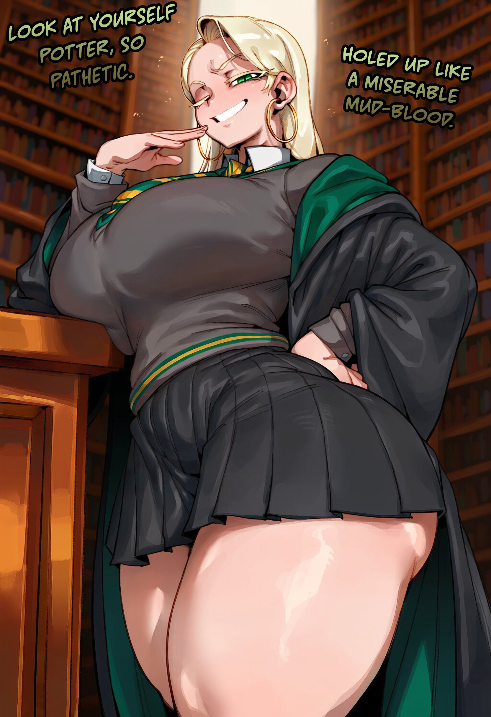 1girl, 2026, 2d, absurd res, absurd resolution, absurdres, ai generated, big penis, black robe, black skirt, blonde hair, blush, book, bookshelf, breasts, collared shirt, curvy, draco malfoy, draco malfoy (redteneri), earrings, english text, femdom, green eyes, grin, hand on own hip, harry potter, hi res, high quality, high resolution, highres, hogwarts school uniform, hoop earrings, huge breasts, ichislop, image, indoors, jewelry, library, long hair, long sleeves, looking at viewer, mature female, miniskirt, necktie, ojou-sama pose, one eye closed, patreon, pleated skirt, robe, school uniform, shiny skin, shirt, skirt, smile, solo, standing, striped necktie, sweater, thick thighs, thighs, uncensured