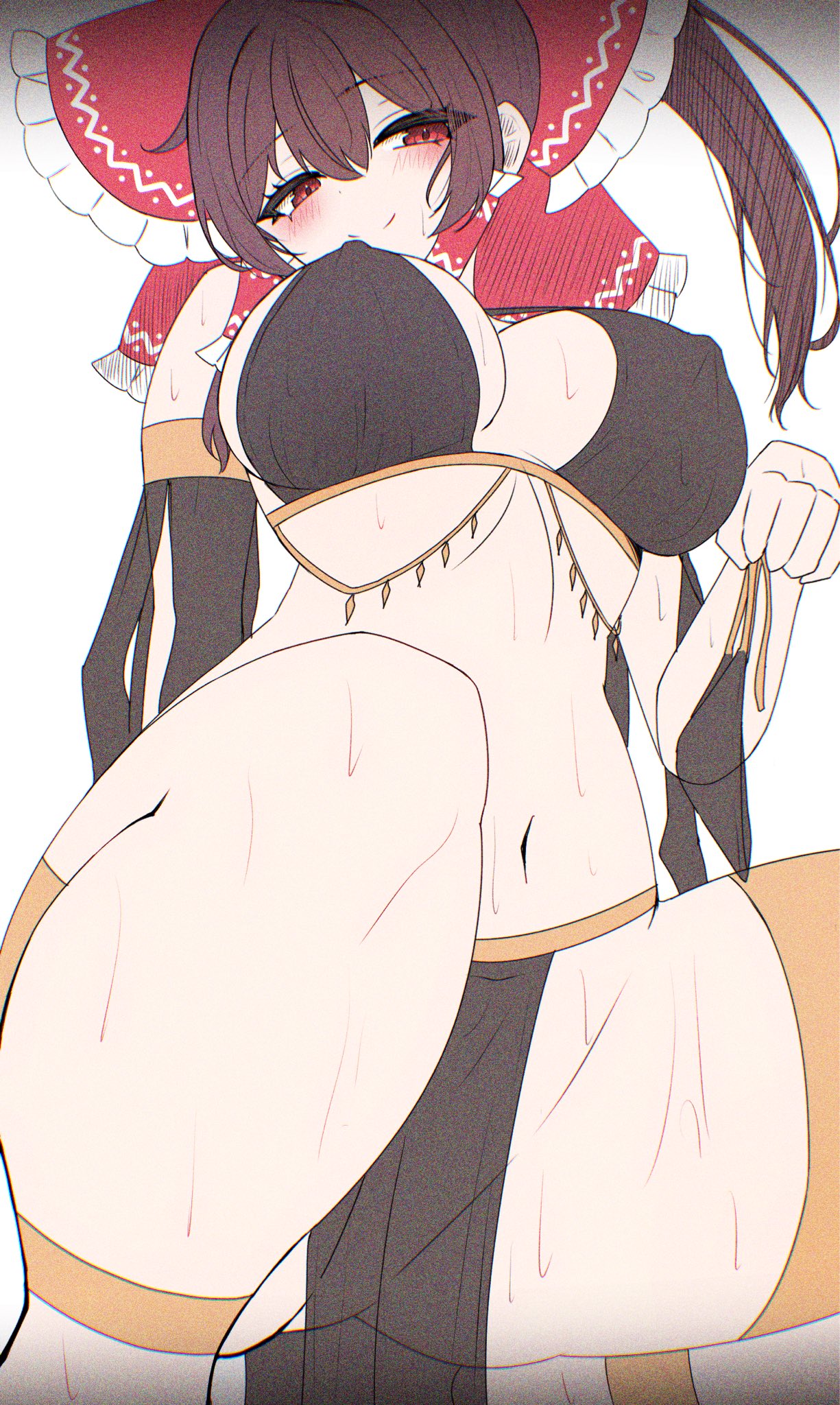 from below, harem outfit, large breasts, legs apart, mikan7f, nipple bulge, reimu hakurei, see-through, squatting, steam, sweat, sweaty, touhou