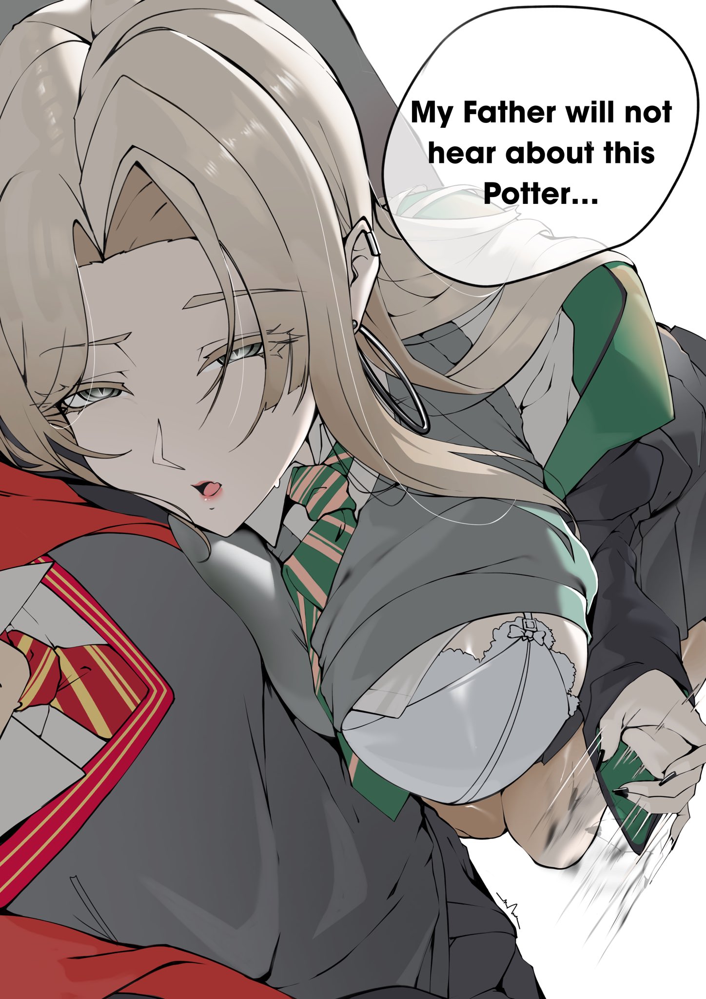 1boy, 1girls, 2026, 2d, 2d (artwork), bangs, bedroom eyes, big breasts, blonde hair, bra, breasts, breasts out, clothed, clothed female, clothing, dialogue, draco malfoy, draco malfoy (redteneri), english, english dialogue, english text, female, female focus, genderswap, genderswap (mtf), harry james potter, harry potter, hi res, highres, imminent sex, jerking, jerking off hand motion, light skin, light-skinned female, long hair, male, male/female, open clothes, open shirt, presenting, presenting breasts, rule 63, shirt lift, shirt up, speech bubble, text, very long hair, z enatsu, zenatsu