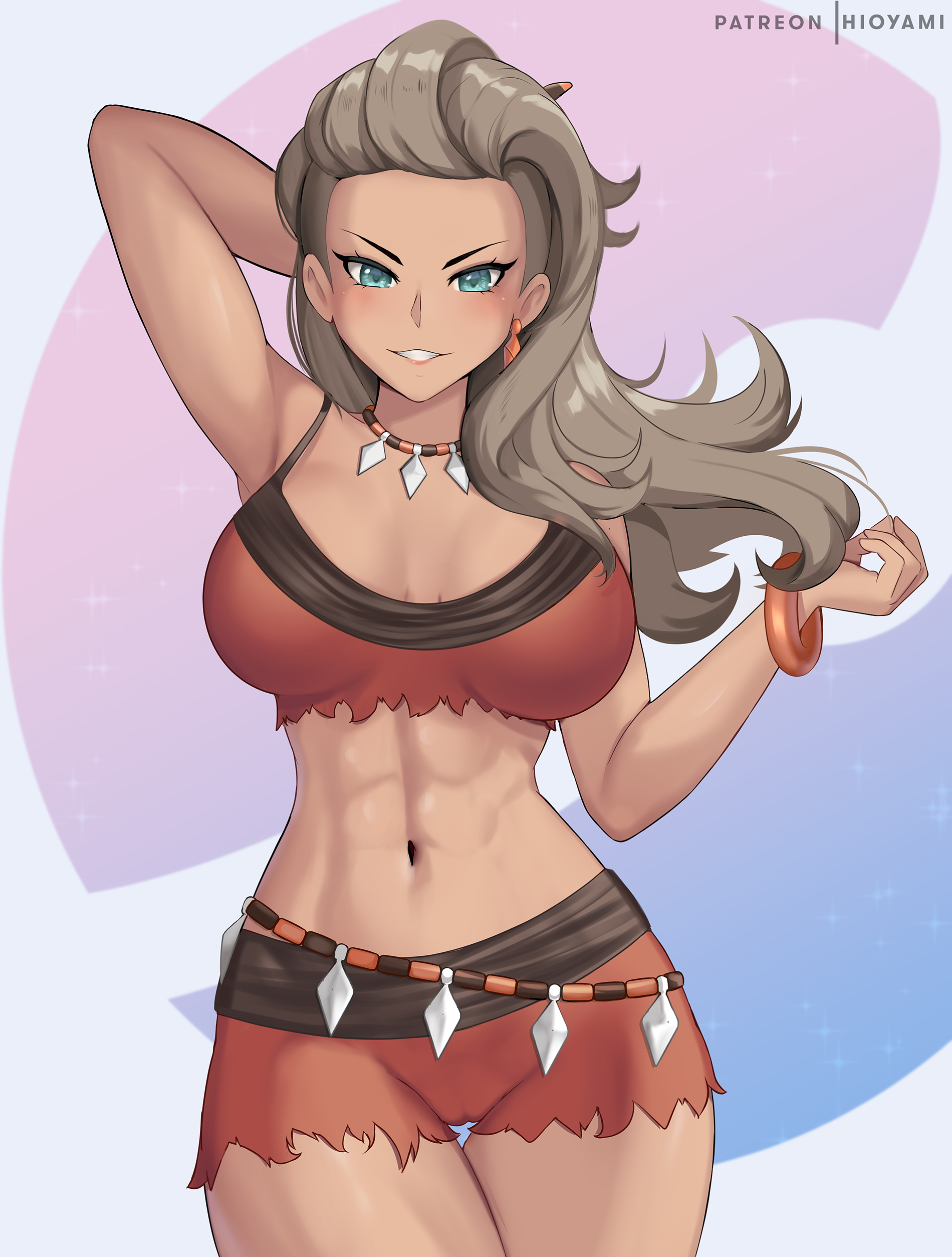 1girls, 2022, abs, alternate breast size, artist signature, asymmetrical hair, breasts, brown hair, female, female only, fit, fit female, hi res, hioyami, hips, huge breasts, long hair, looking at viewer, naughty face, nintendo, pokemon, pokemon sv, professor sada (pokemon), simple background, slim waist, suggestive look, thick thighs, thighs, wide hips