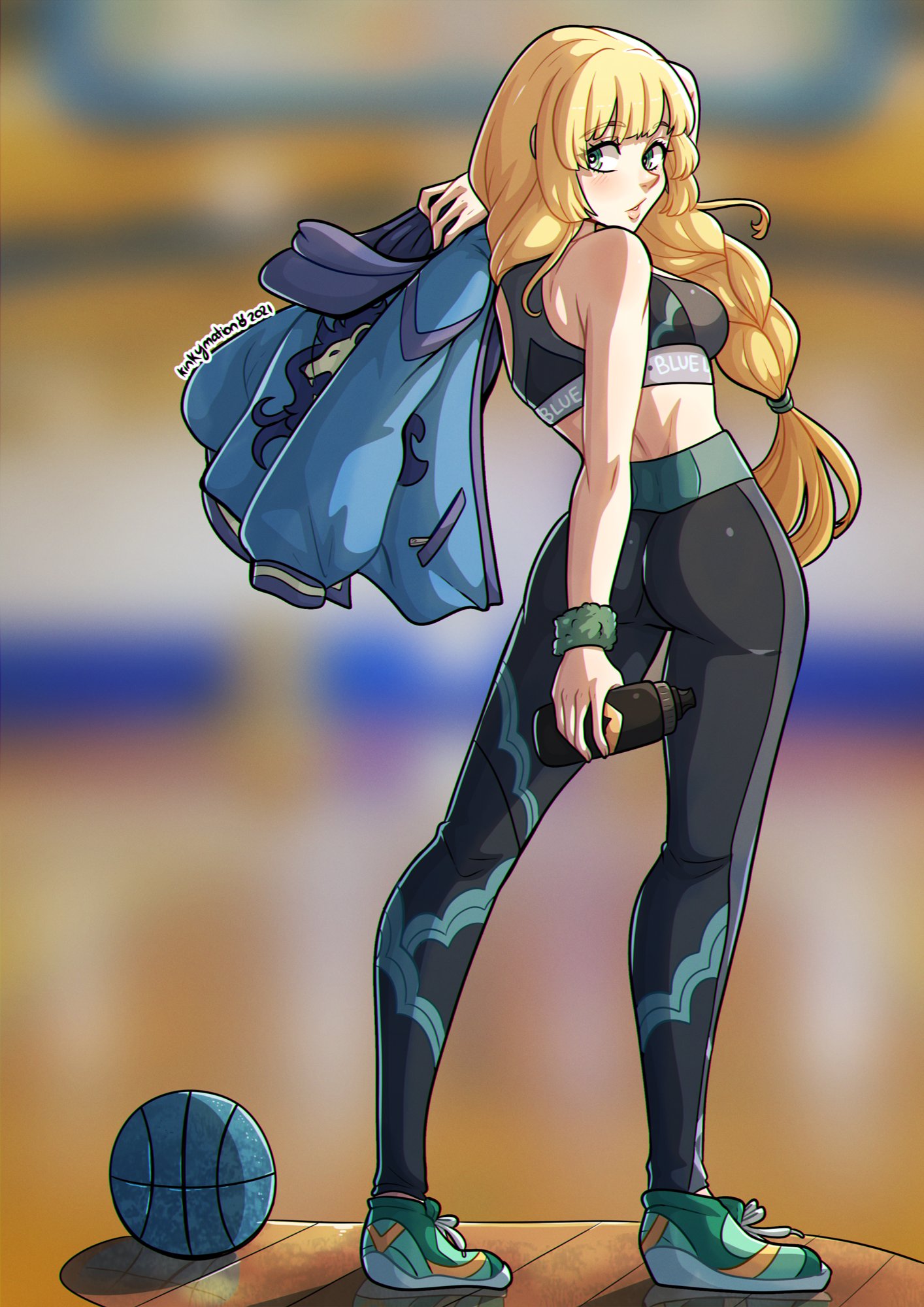 1girls, 2021, ass, ball (object), basketball, big ass, blonde hair, braid, breasts, female, female only, fire emblem, fire emblem: three houses, full body, green eyes, gym uniform, highres, holding, ingrid brandl galatea, jacket, kinkymation, long hair, nintendo, open mouth, shoes, simple background, sneakers, solo, sports bra, sportswear, uniform, yoga pants