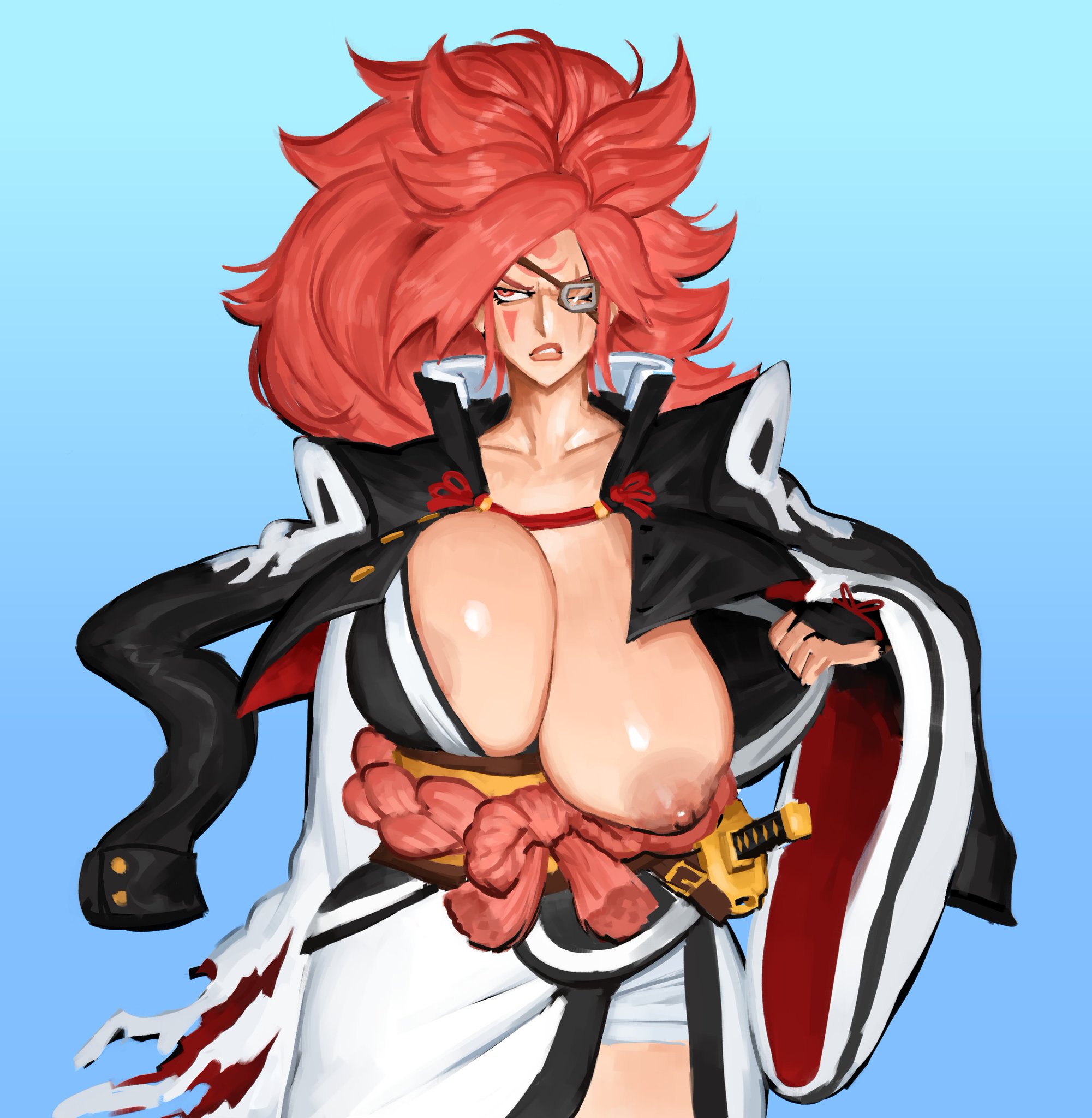 angry, angry expression, areola, areola slip, areolae, baiken, big boobs, big breasts, big tits, boobs, breasts, breasts bigger than head, breasts out, female, female focus, female only, flashing, flashing breasts, guilty gear, guilty gear strive, guilty gear xrd, iheartmaskmen, large boobs, large breasts, large tits, nipples, nipples outside, one arm, one eye, one eye covered, pink eyes, pink hair, pink nipples, tits, titties