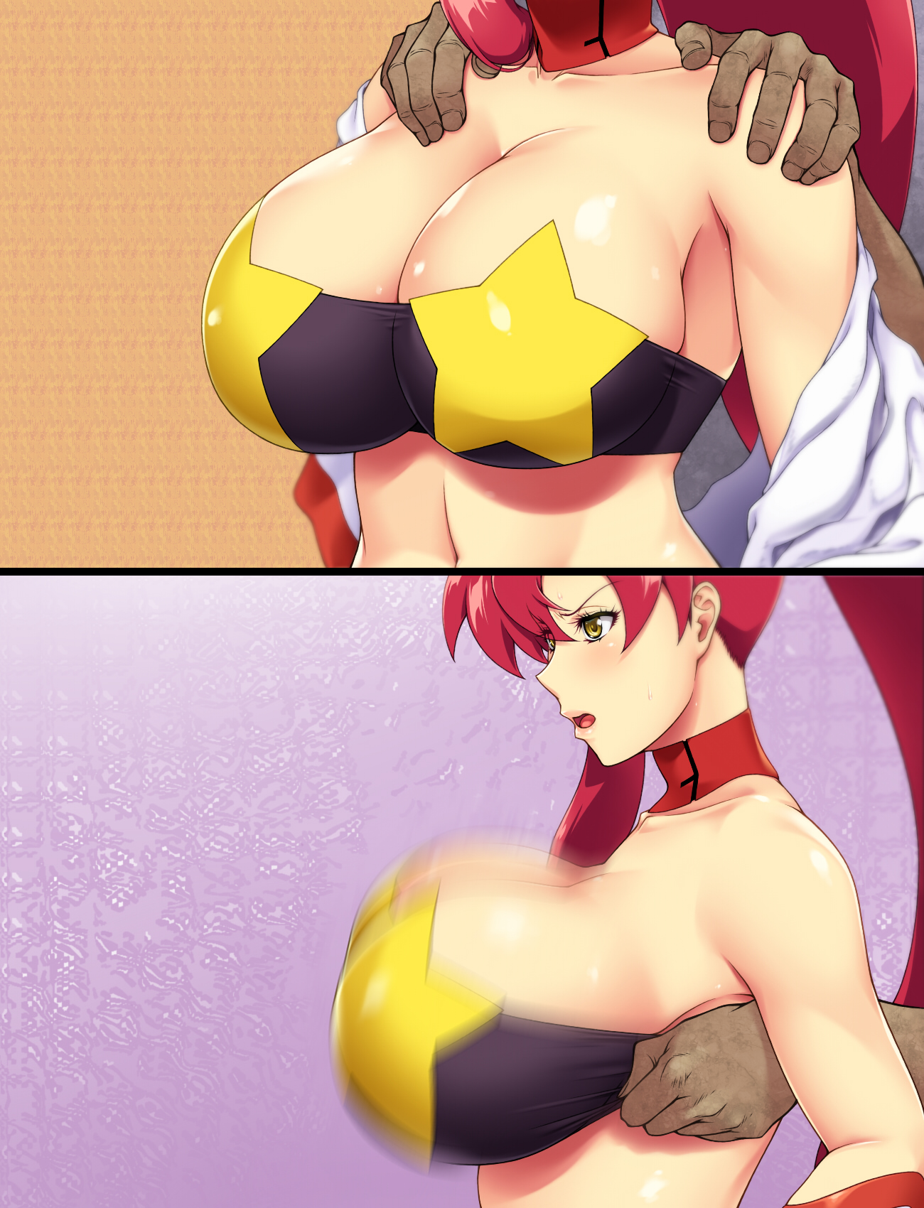 ameoto, blush, bouncing breasts, breasts, cleavage, dark skin, dark-skinned male, female, from side, hands on shoulders, high ponytail, huge breasts, male, motion blur, multiple views, open mouth, red hair, shaking, shaking breasts, space yoko, tengen toppa gurren lagann, uncensored, undressing, upper body, yellow eyes, yoko littner
