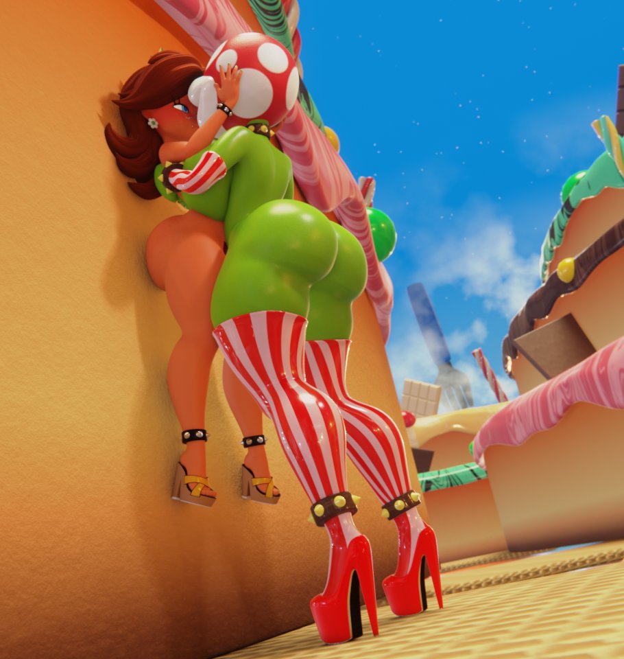 2girls, 3d, anklewear, ass, big ass, big breasts, big lips no eyes, breast press, breasts, crown, female, footwear, high heels, how to talk to short people, huge ass, huge breasts, human, humanoid, kissing, kissing fetish, mario (series), meme, neckwear, nintendo, piranha plant, plantie, princess daisy, public, super mario bros., super mario galaxy, tagme, thighhighs, wristwear, wyerframez, yuri