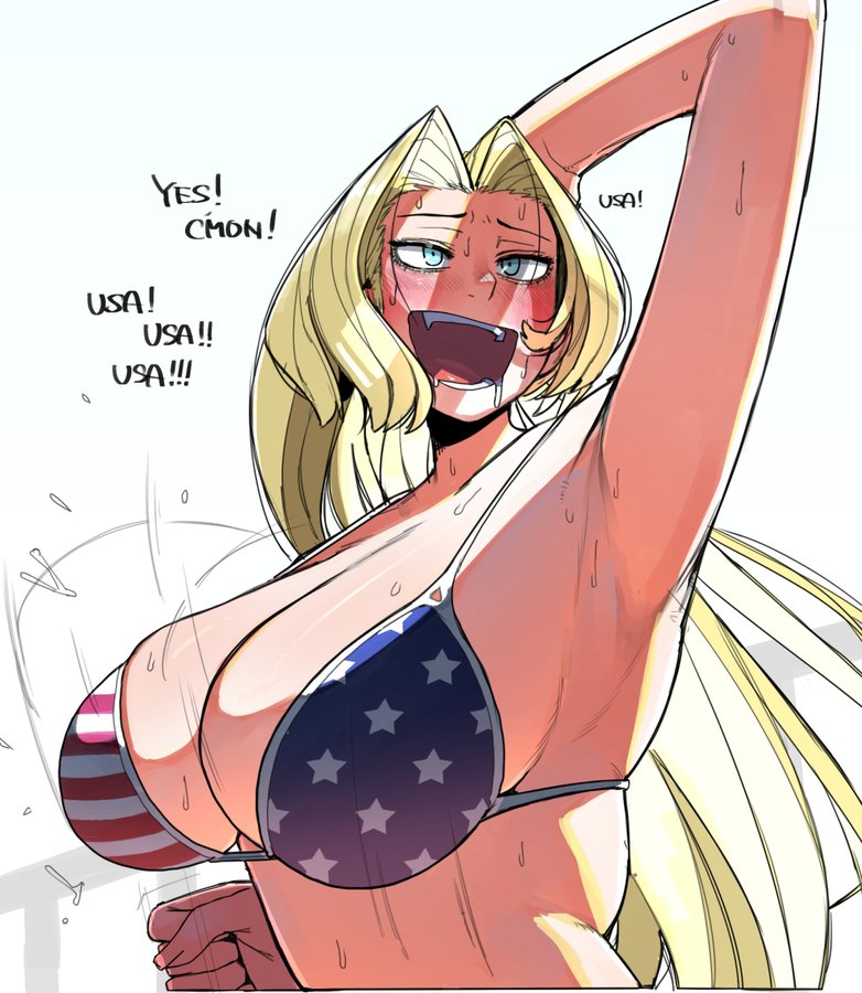 1girls america_(ohasi) american_flag american_flag_bikini armpits bikini blonde_hair blue_eyes blush bouncing_breasts drooling fangs female female_only flag_bikini flag_print large_breasts long_hair national_personification ohasi original original_character solo sweat