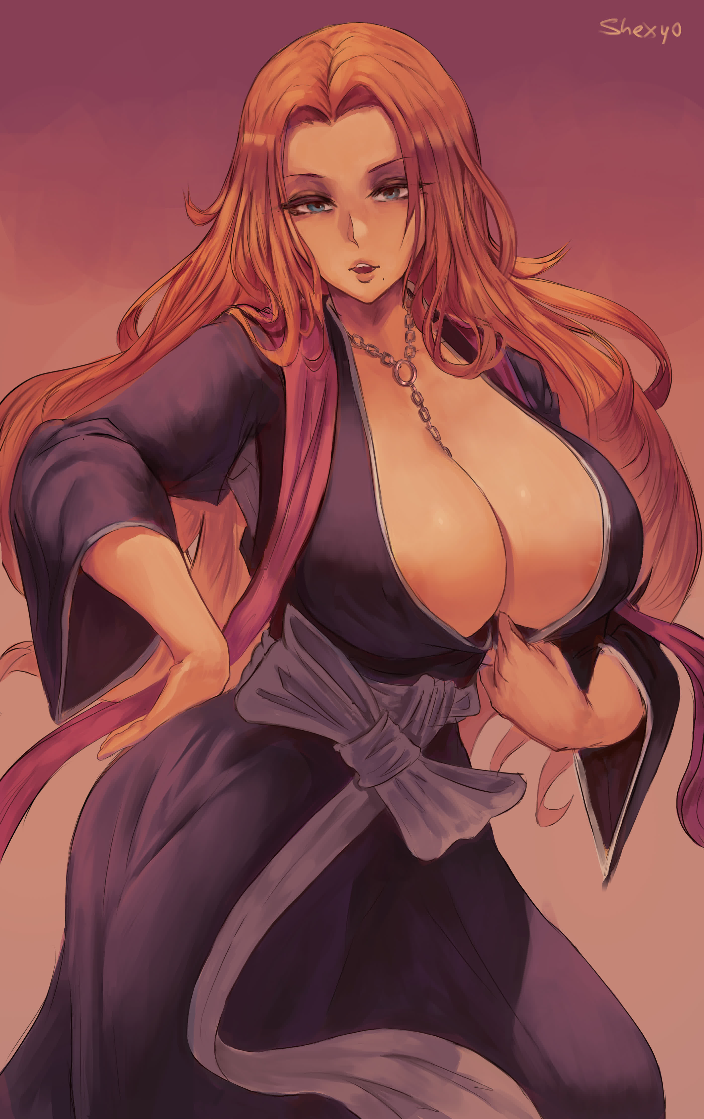 1girls, absurd res, areola slip, areolae, bangs, bleach, blonde hair, blue eyes, breasts, cleavage, curvy, cutesexyrobutts (style), female, female only, hakama, hi res, high resolution, huge breasts, jewelry, large breasts, long hair, looking at viewer, matsumoto rangiku, mole, mole under mouth, necklace, nipple slip, nipples, open mouth, parted bangs, pink sash, robe, sash, shexyo, solo, standing, very high resolution, wafuku, wide sleeves