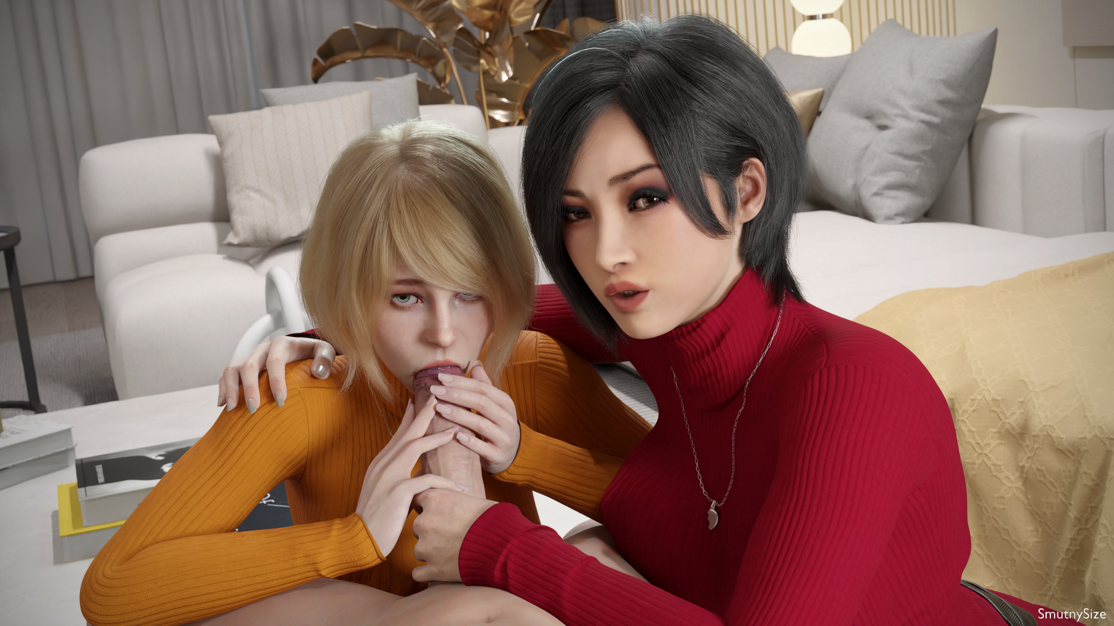 1boy, 2girls, 3d, ada wong, ada wong (adriana), ashley graham, ashley graham (ella freya), black hair, blonde hair, blue eyes, brown eyes, capcom, cock worship, erect penis, erection, female, female focus, male, male pov, penis, resident evil, resident evil 2, resident evil 2 remake, resident evil 4, resident evil 4 remake, sex, smutnysize