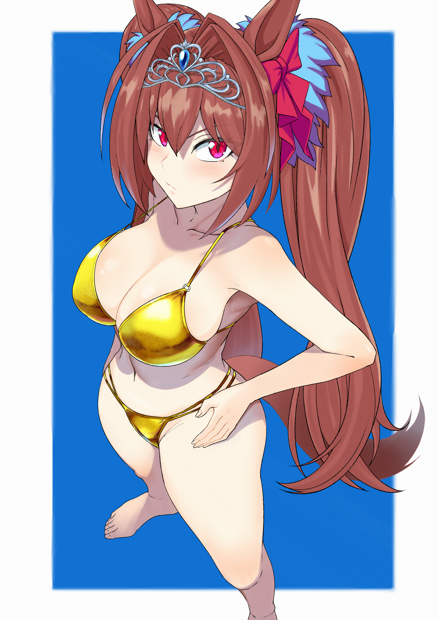 animal ears, bangs, barefoot, bikini, blue background, blue scrunchie, blush, border, bow, breasts, brown hair, brown tail, cleavage, collarbone, commentary request, daiwa scarlet (umamusume), ear bow, feet, female, golden bikini, hair between eyes, hair intakes, hair ornament, hair scrunchie, hands on hips, highres, horse ears, horse girl, horse tail, large breasts, long hair, looking at viewer, navel, outside border, red bow, red eyes, scrunchie, sideboob, simple background, slit pupils, solo, strap gap, string bikini, swimsuit, tail, thighs, tiara, toes, twintails, umamusume, v-shaped eyebrows, very long hair, white border, zasshu nigou