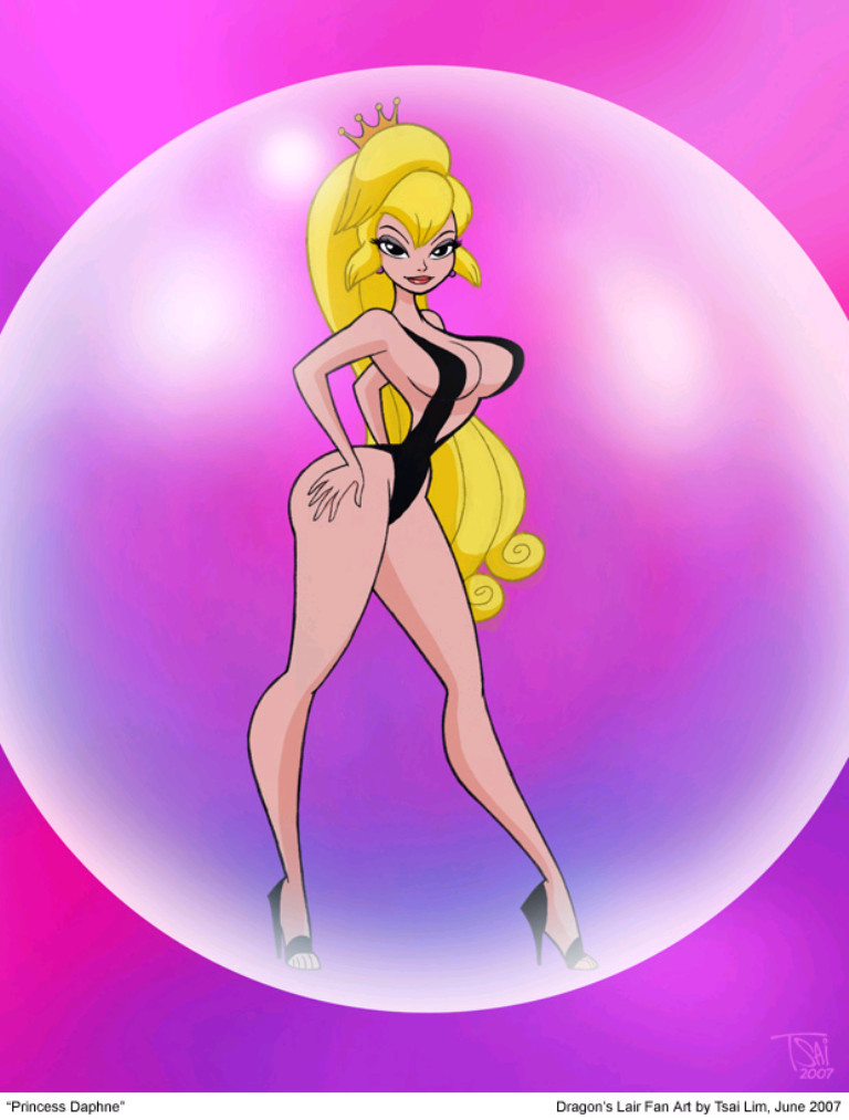 blonde_hair bubble crown dragon's_lair high_heels huge_breasts long_hair looking_at_viewer one-piece_swimsuit princess_daphne thick_thighs tsai_lim voluptuous