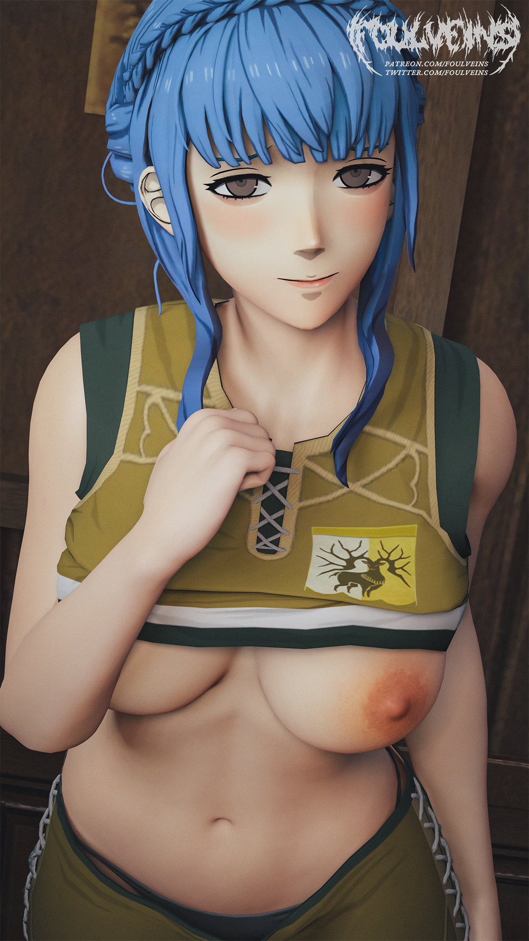 1girls, 3d, alternate costume, bangs, bare midriff, blue hair, breasts, breasts out, brown eyes, female, female only, fire emblem, fire emblem: three houses, foulveins, garreg mach monastery uniform, gym uniform, looking at viewer, marianne von edmund, medium breasts, midriff, nintendo, nipples, shorts, smile, solo, uniform