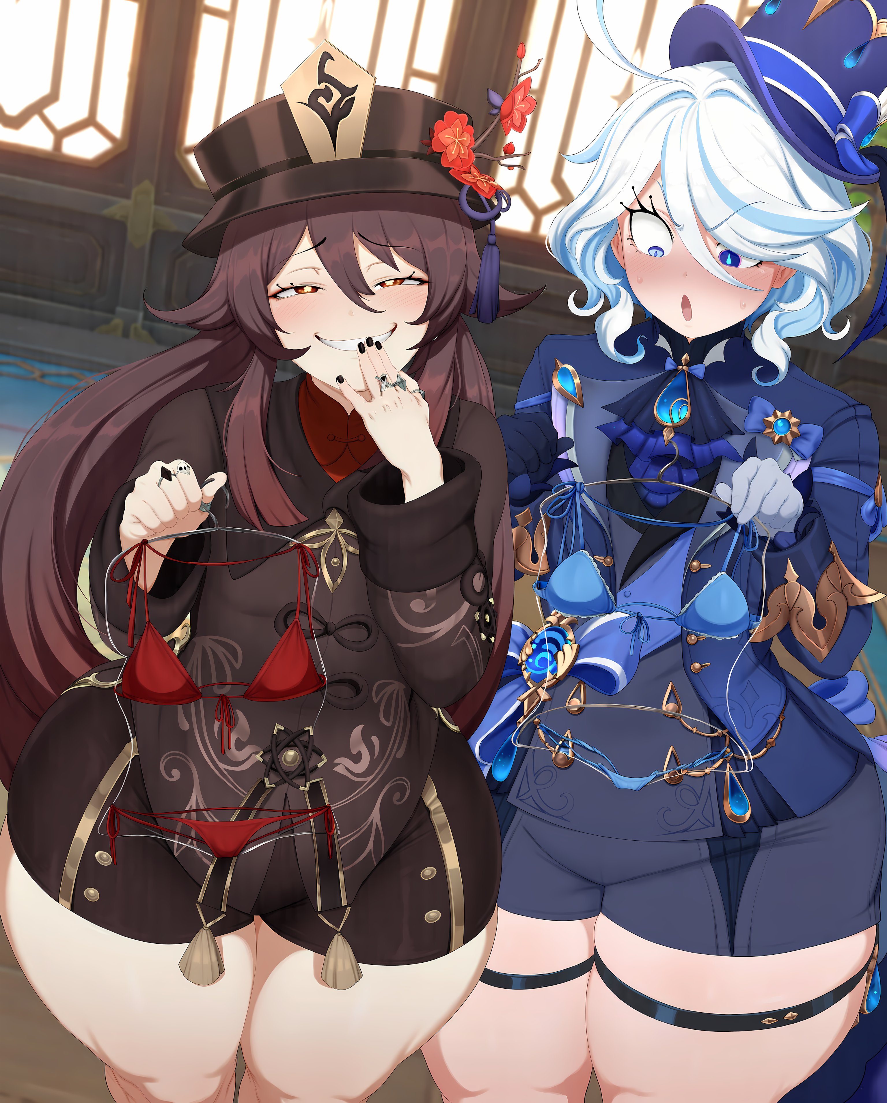2026, 2girls, ai generated, bikini, blue and white hair, blue eyes, blushing, brown eyes, brown hair, child bearing hips, el memc, female, female only, flat chest, furina (genshin impact), genshin impact, hair ornament, hat, horny, horny female, hu tao (genshin impact), imminent sex, looking at viewer, looking pleasured, memch0, musk, musk clouds, small breasts, sweat, sweatdrop, sweating, sweaty, teasing, thick thighs, thunder thighs, tight clothing