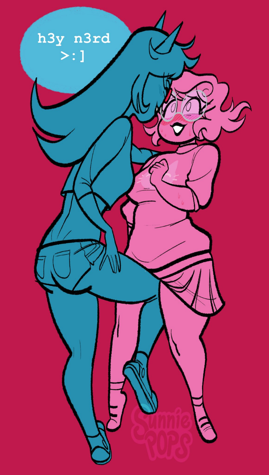 2girls blush crop_top fully_clothed grinding homestuck knee_up latula_pyrope roxy_lalonde standing sunniepops teasing text yuri