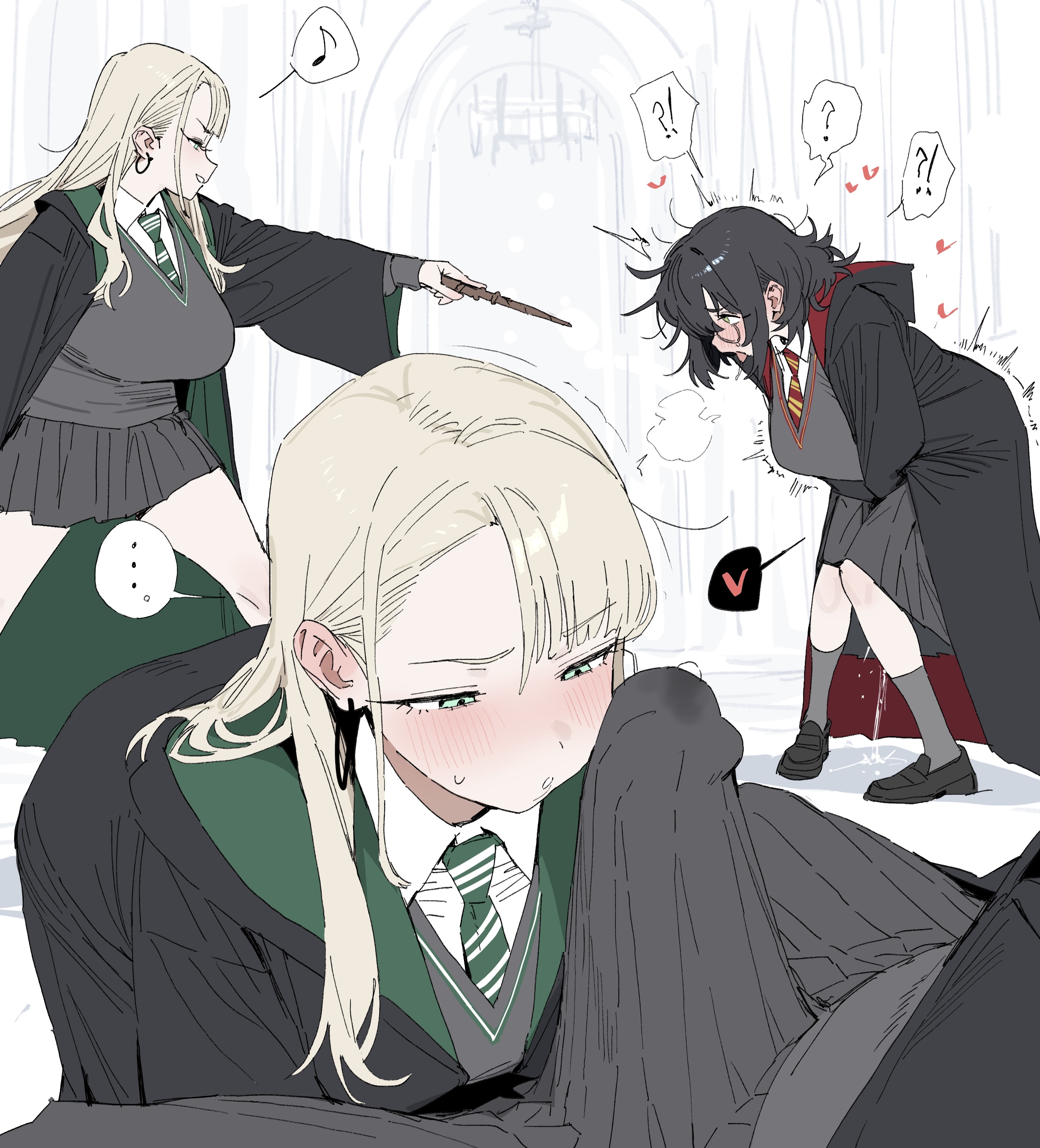 !?, 1futa, 1girls, 2girls, absurdres, aqua eyes, black hair, blonde hair, bulge, bulge under clothes, cock, dick, dickgirl, draco malfoy, draco malfoy (redteneri), erect penis, erection, erection under clothes, erection under clothing, female, futa with female, futanari, futanari transformation, genderswap, genderswap (mtf), genitals, glasses, green necktie, grey skirt, grey sweater vest, harry james potter, harry potter, harry potter (series), heart, highres, hogwarts school uniform, imminent sex, intersex, intersex/female, long hair, medium hair, multiple girls, musical note, necktie, penis, pleated skirt, precum, precum through clothes, school uniform, skirt, spoken heart, spoken musical note, striped clothes, striped necktie, sweater vest, wizarding world, xipa