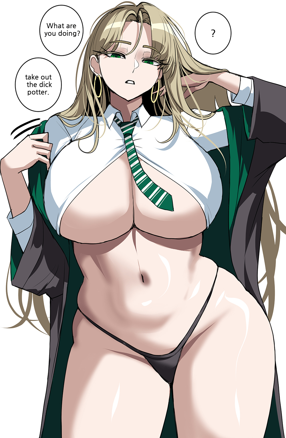 1girls, adjusting hair, black jacket, black panties, blonde hair, breasts, cleavage, cowboy shot, draco malfoy, draco malfoy (redteneri), drogod (artist), genderswap, genderswap (mtf), green eyes, harry potter, hi res, huge breasts, looking at viewer, navel, necktie, no pants, open clothes, panties, parted lips, simple background, solo, speech bubble, stomach, text, underboob, underwear, very long hair, white background, white shirt
