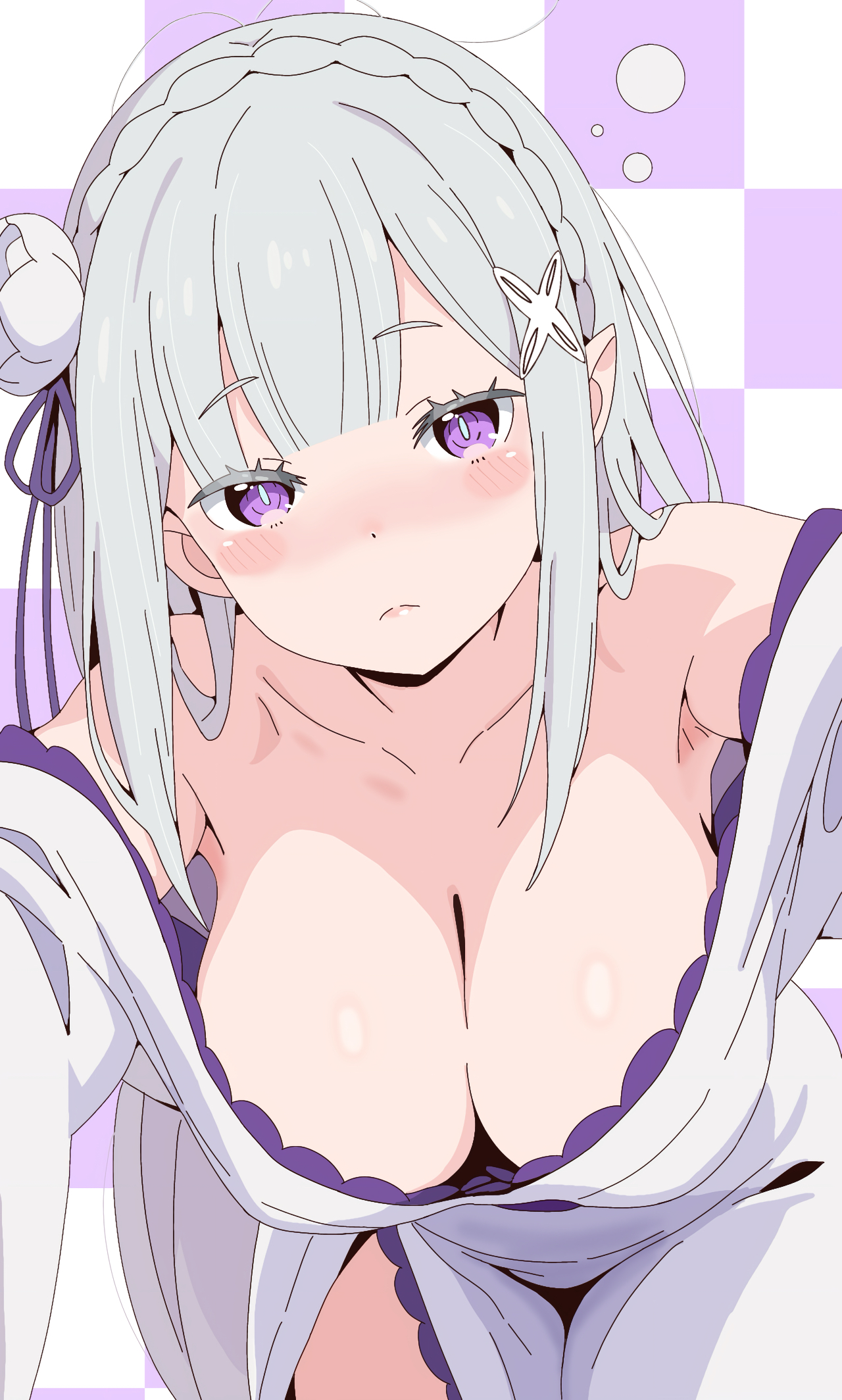 1girls, armpits, blush, breasts focus, breasts out, cleavage, elf, elf ears, elf female, emilia (re:zero), exposed shoulders, eyelashes, female, hanging breasts, large breasts, leaning forward, looking at viewer, no bra, purple eyes, re:zero kara hajimeru isekai seikatsu, silver hair, solo